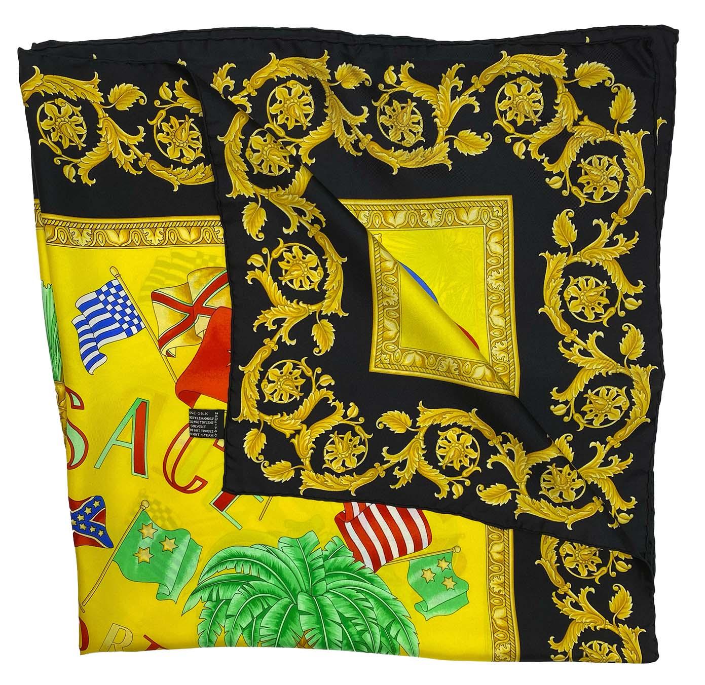 Yellow S/S 1993 Versace Sport by Gianni Miami Print Silk Square Scarf For Sale