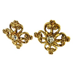 S/S 1994 Christian Lacroix Heart Shaped Rhinestone Gold Filigree Clip-On Earring
