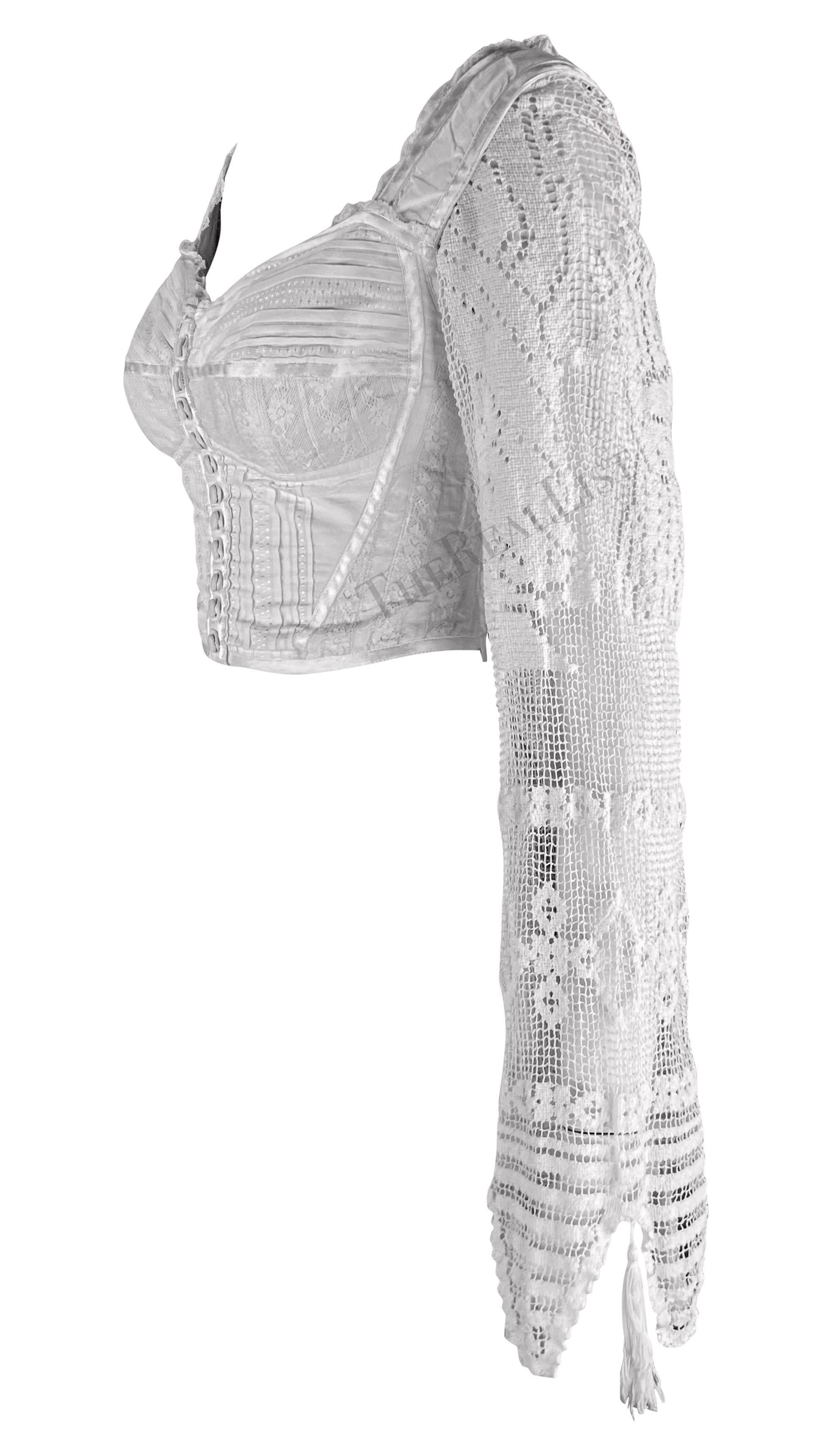 Grigio S.S. 1994 Dolce & Gabbana White Crochet Tassel Bustier Boned Corset Crop Top in vendita