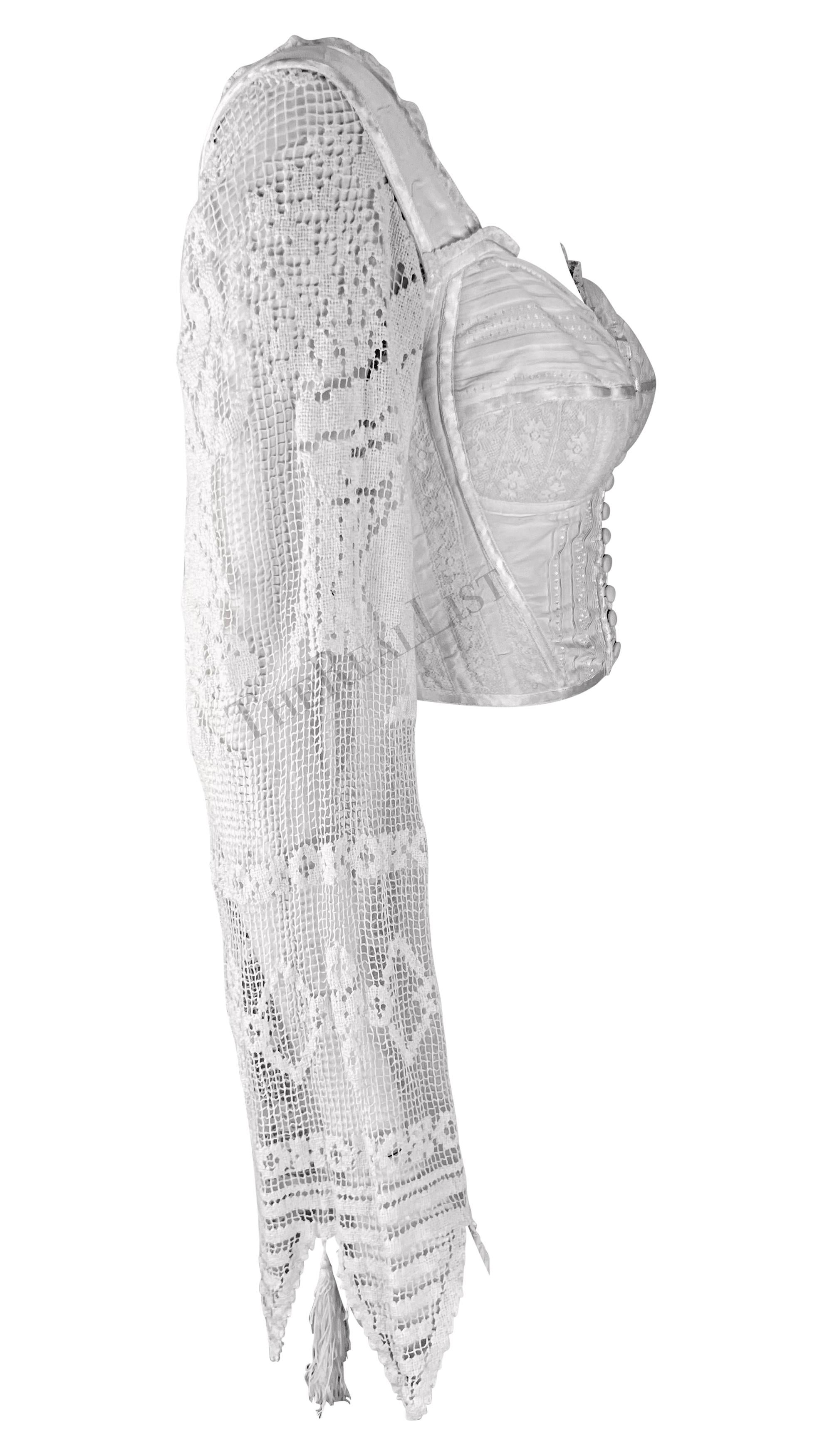 S/S 1994 Dolce & Gabbana White Crochet Tassel Bustier Boned Corset Crop Top For Sale 2