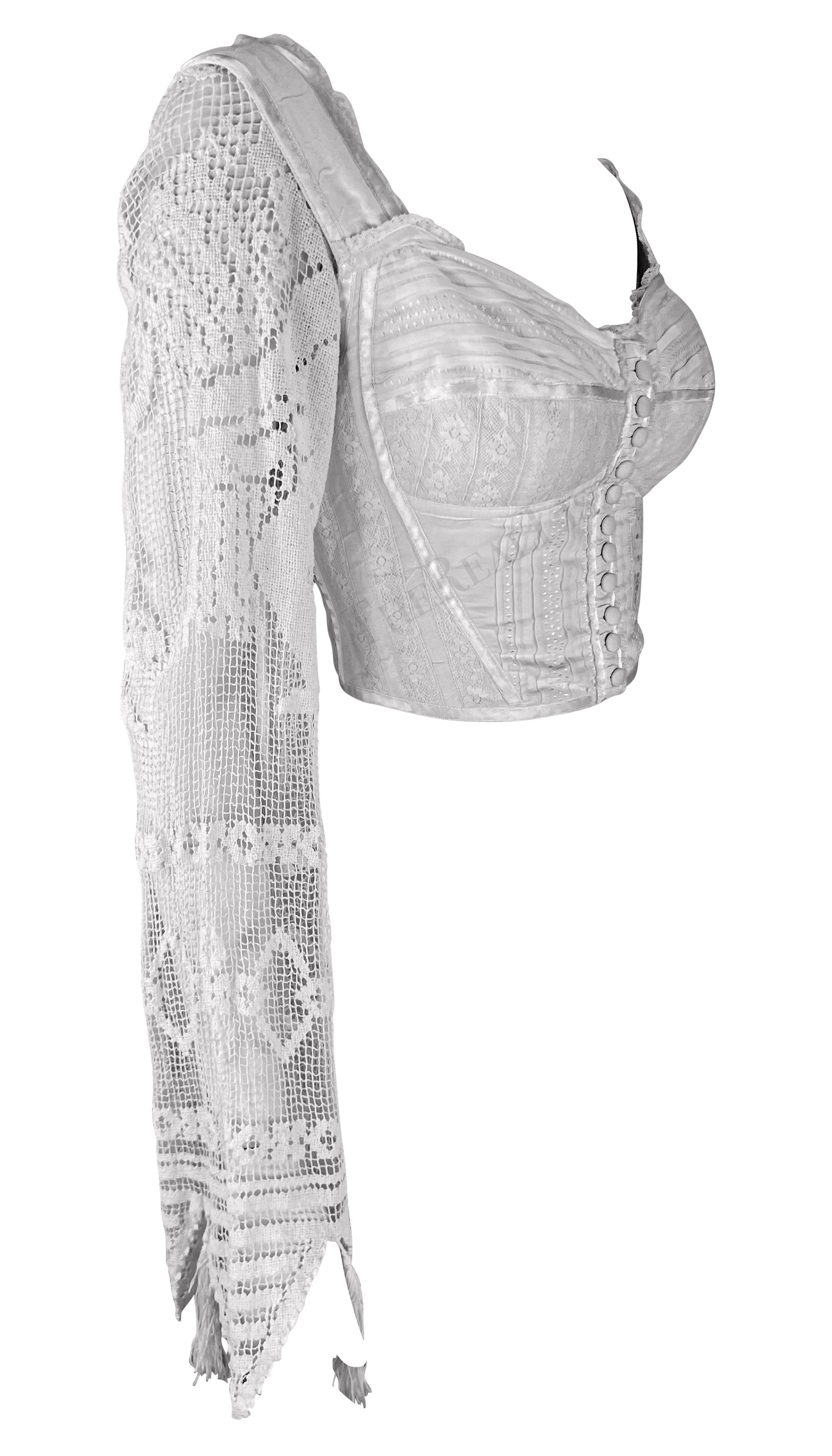 S/S 1994 Dolce & Gabbana White Crochet Tassel Bustier Boned Corset Crop Top For Sale 3