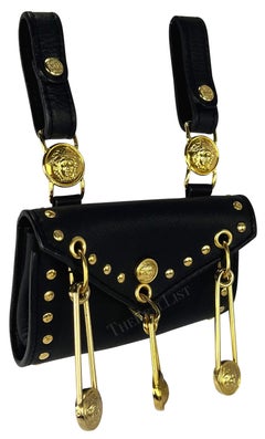 S/S 1994 Gianni Versace Black Leather Gold-Tone Safety Pin Belt Mini Bag Pouch