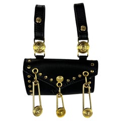 Retro S/S 1994 Gianni Versace Black Leather Gold-Tone Safety Pin Belt Mini Bag Pouch
