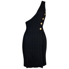 S/S 1994 Gianni Versace Black Pin Stripe One Shoulder Open Chest Mini Dress