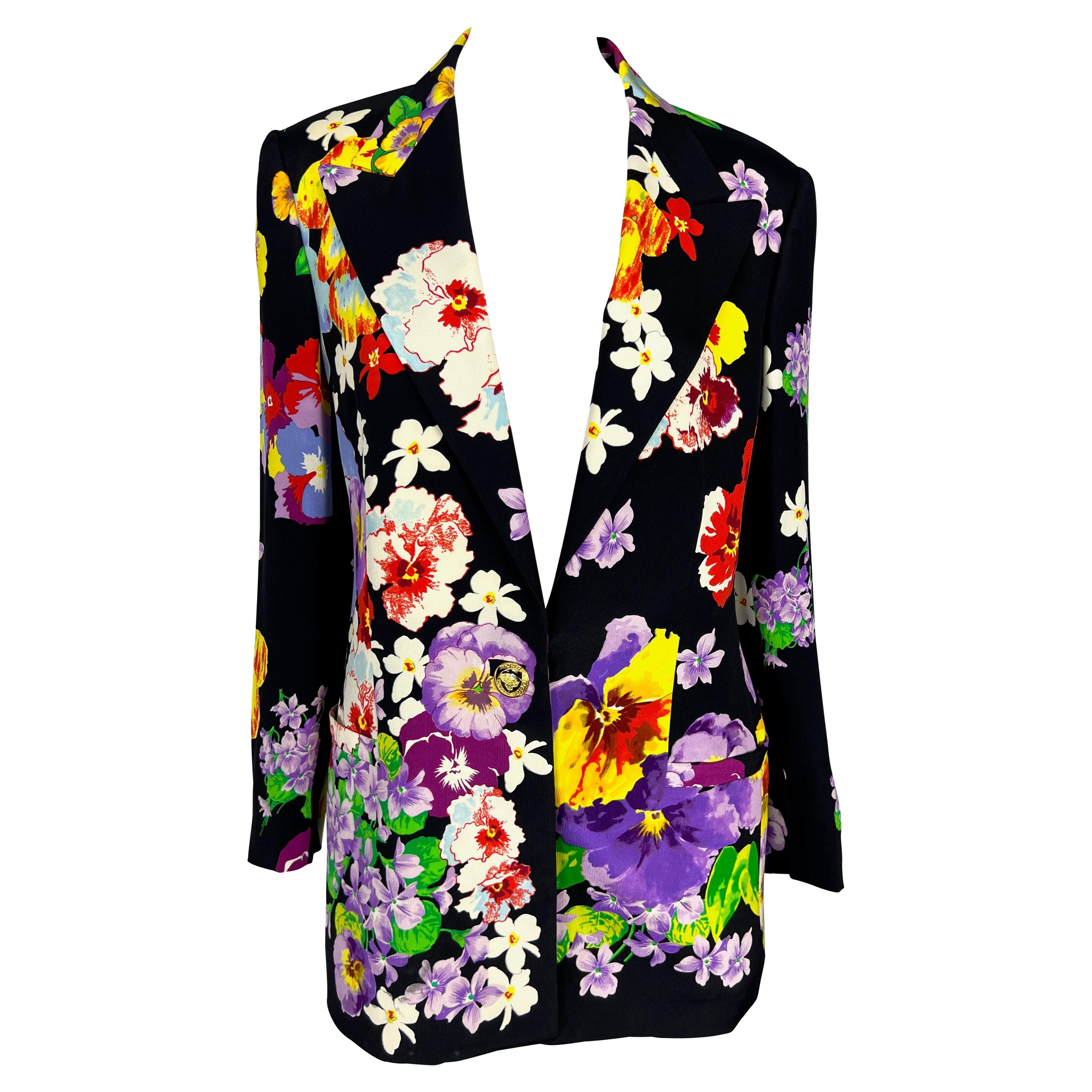 S/S 1994 Gianni Versace Couture Floral Print Black Silk Blazer Jacket