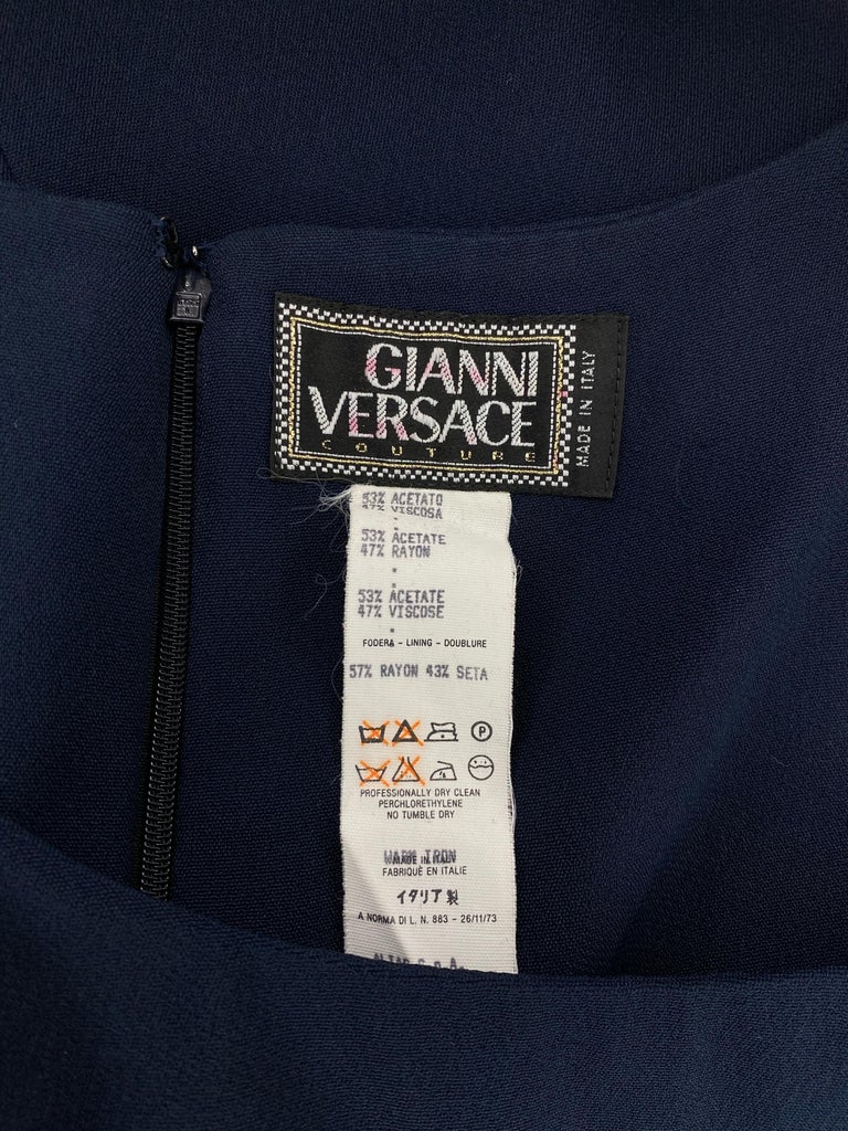 S/S 1994 Gianni Versace Couture High Slit Navy Sleeveless Gown For Sale 2