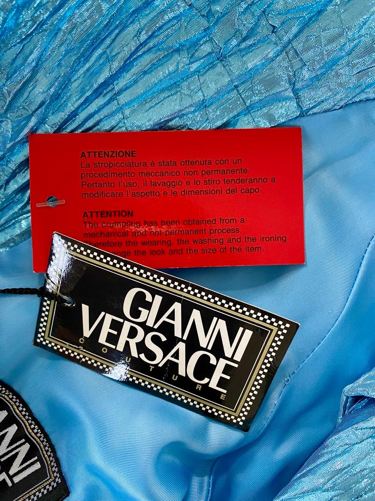 S/S 1994 Gianni Versace Couture NWT Blue Metallic Crinkled Lamé Medusa Coat  For Sale 4