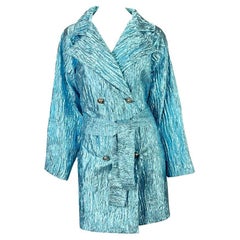 Used S/S 1994 Gianni Versace Couture NWT Blue Metallic Crinkled Lamé Medusa Coat 