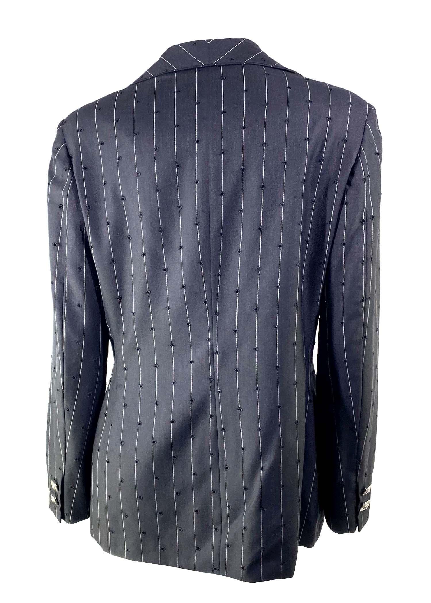 Black S/S 1994 Gianni Versace Couture Perforated Punk Pinstripe Medusa Wool Blazer For Sale