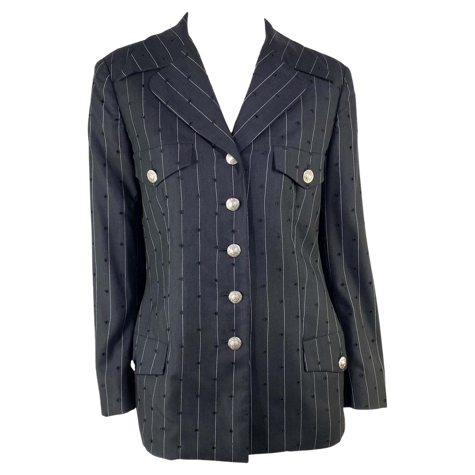 S/S 1994 Gianni Versace Couture Perforated Punk Pinstripe Medusa Wool Blazer For Sale