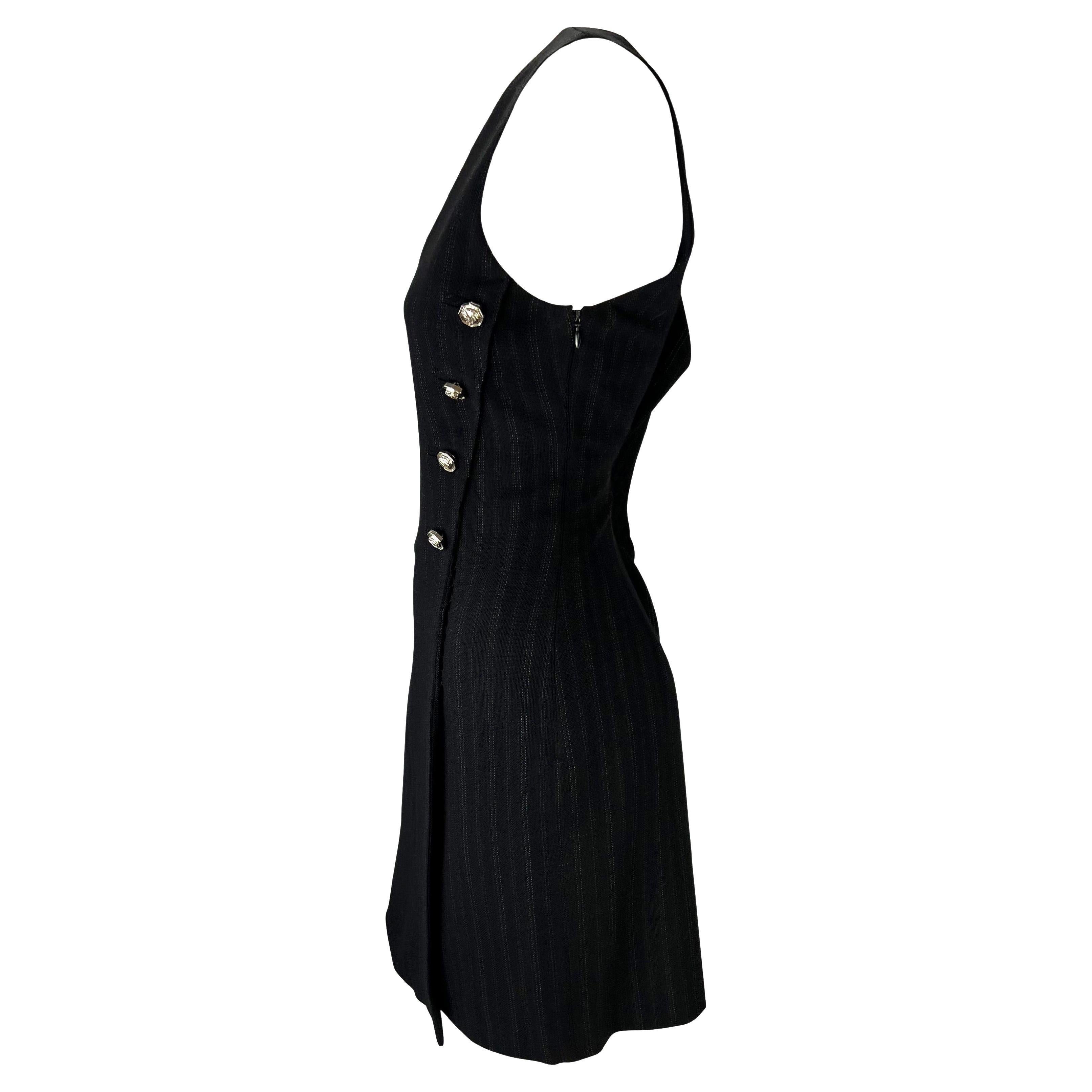 Black S/S 1994 Gianni Versace Couture Pinstripe Wool Asymmetric Medusa Punk Dress For Sale
