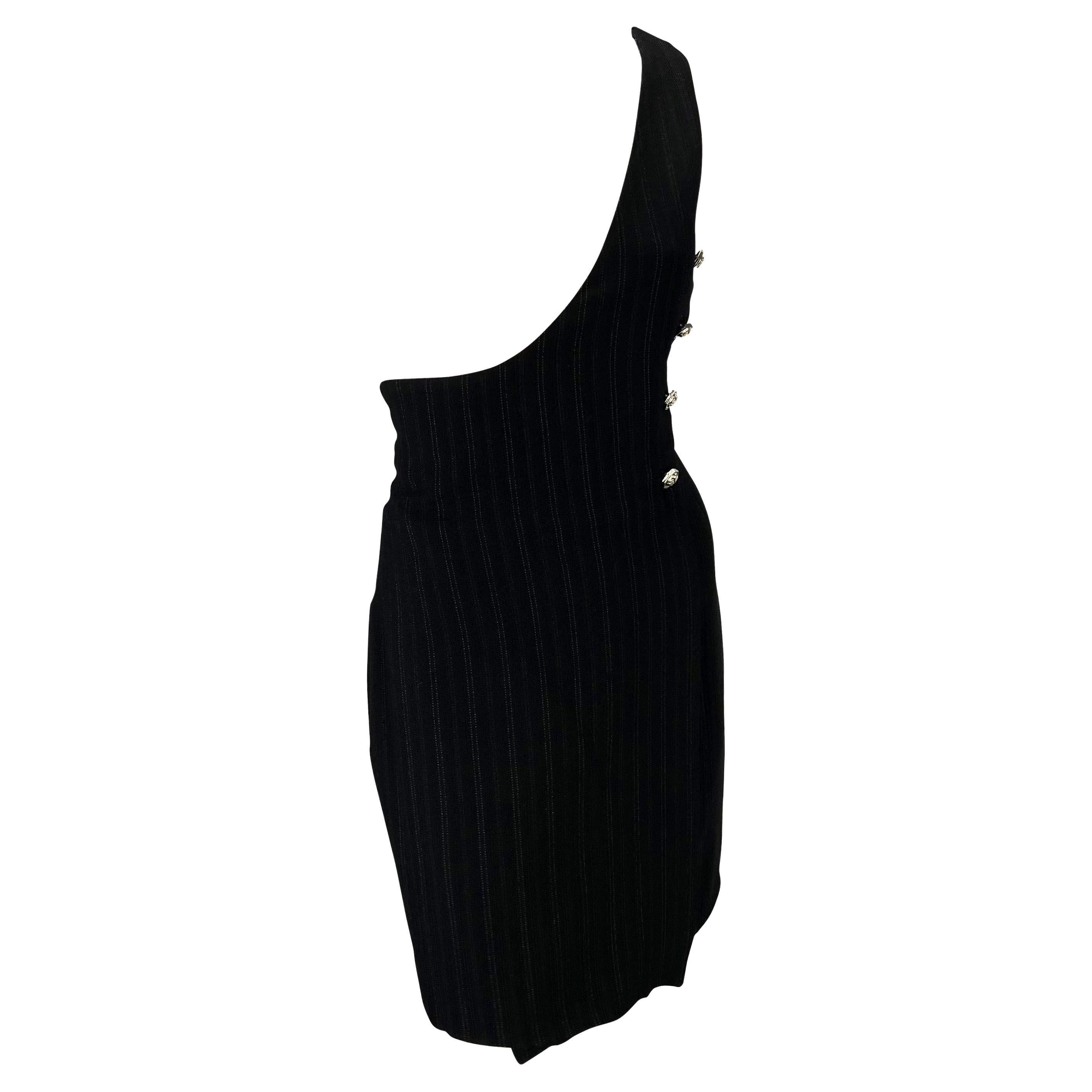 Women's S/S 1994 Gianni Versace Couture Pinstripe Wool Asymmetric Medusa Punk Dress For Sale