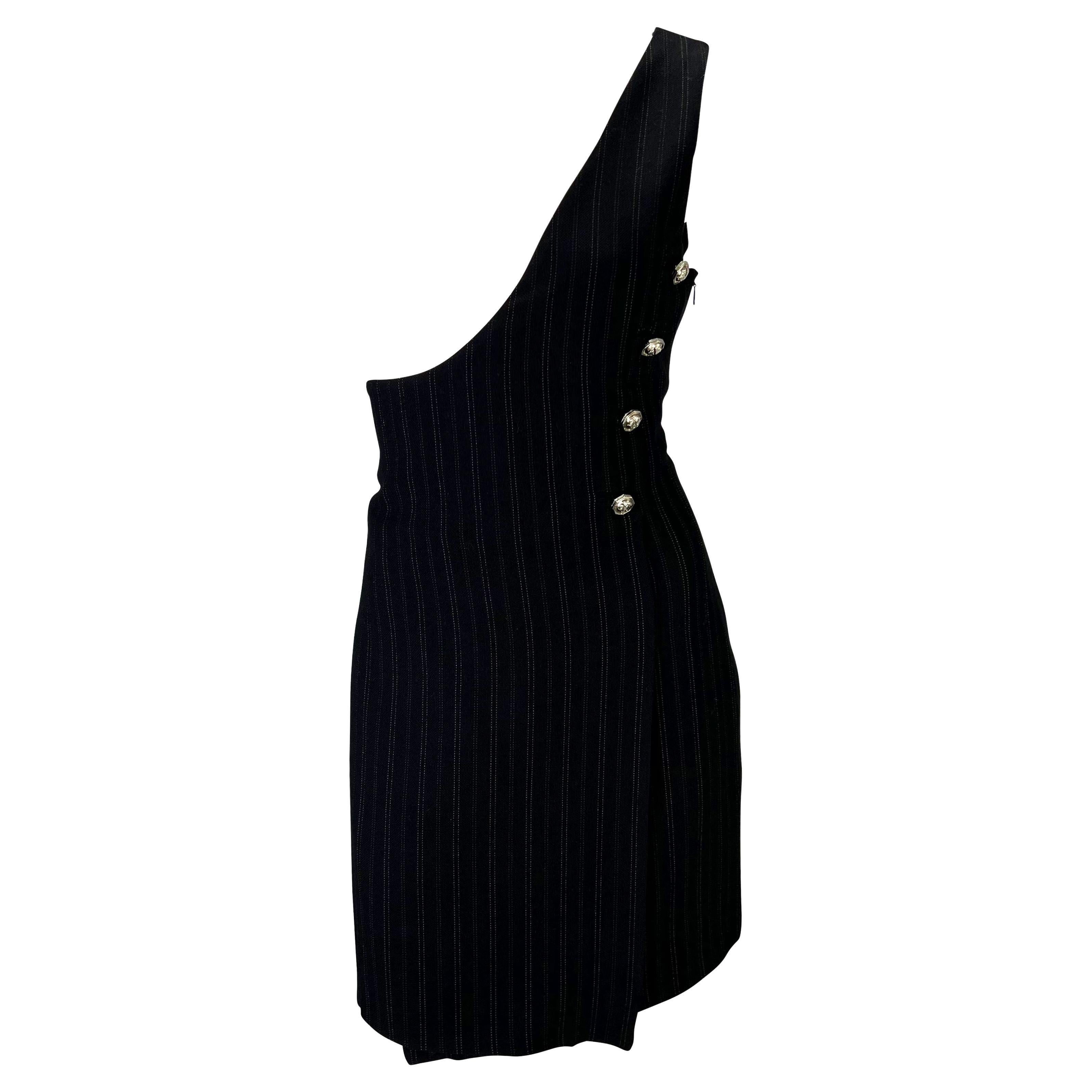 S/S 1994 Gianni Versace Couture Pinstripe Wool Asymmetric Medusa Punk Dress For Sale