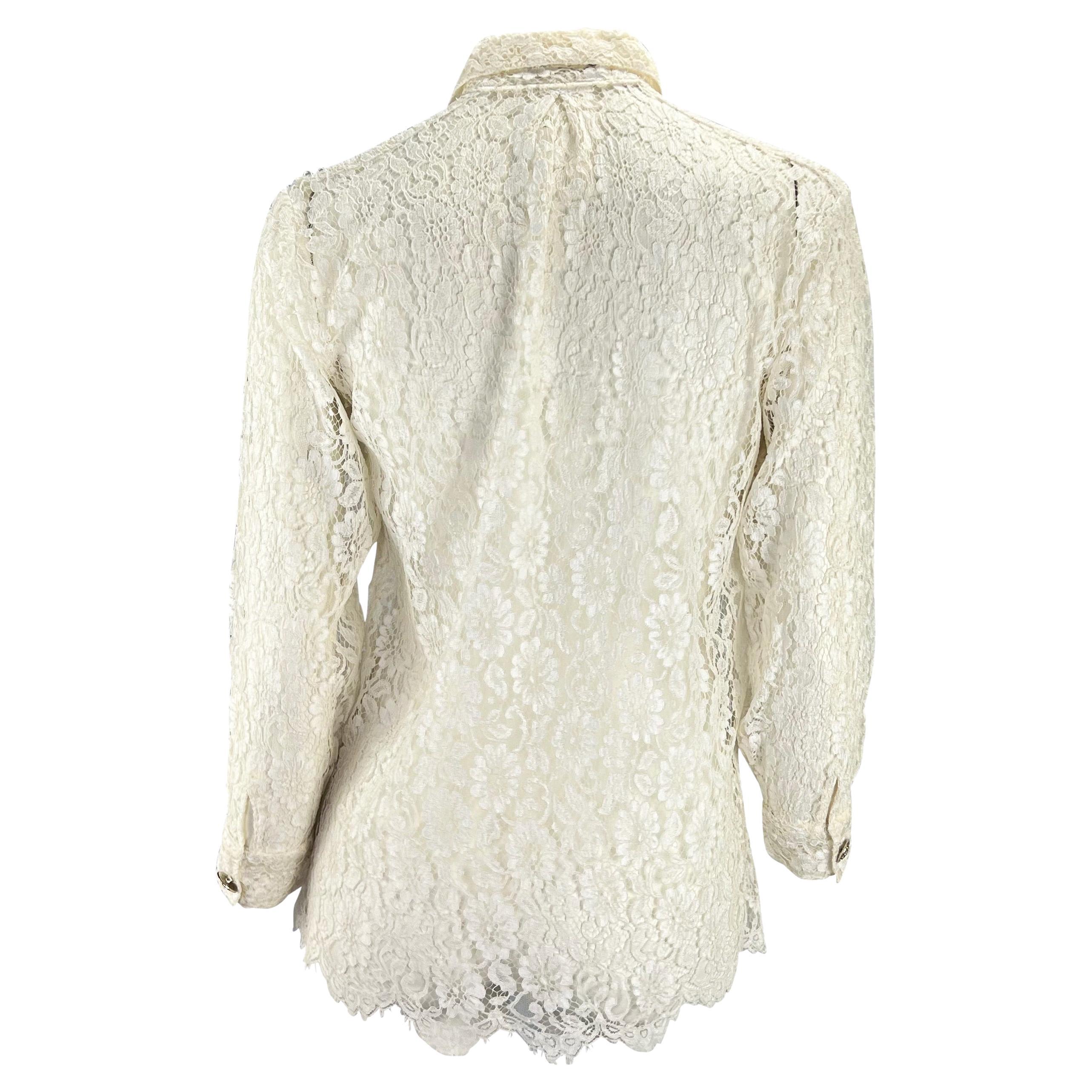 Women's S/S 1994 Gianni Versace Couture Sheer White Lace Button Up Medusa Top For Sale