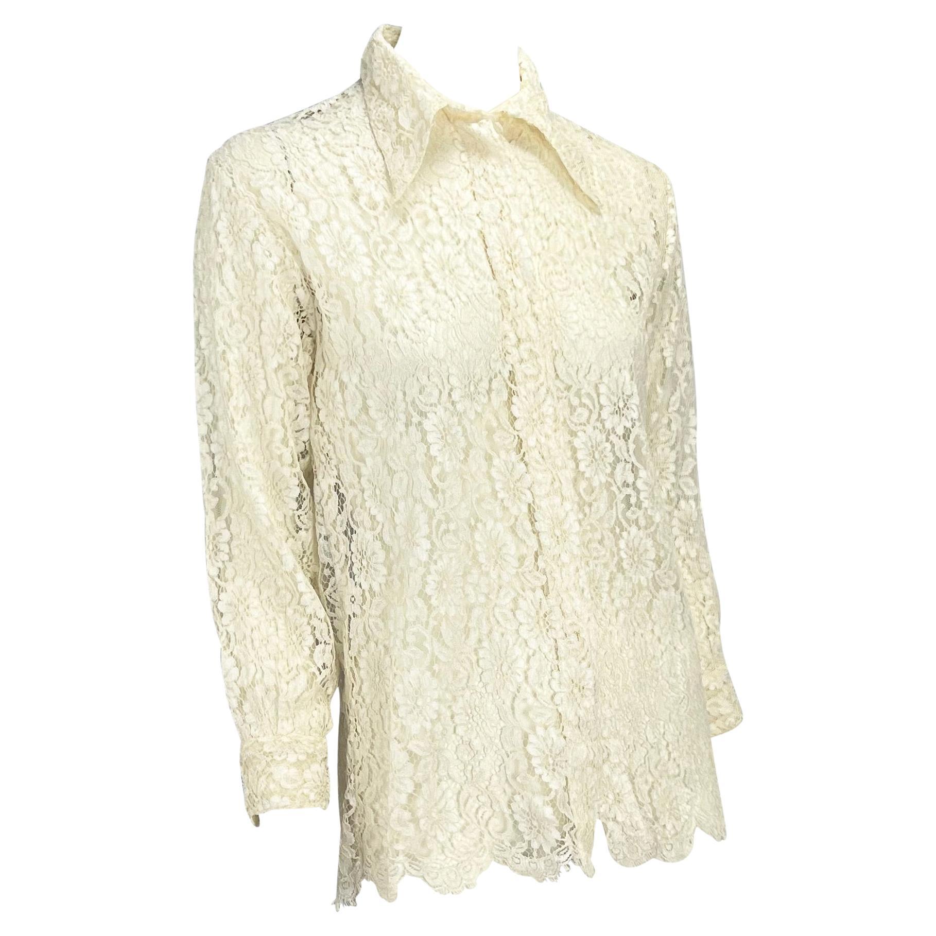 S/S 1994 Gianni Versace Couture Sheer White Lace Button Up Medusa Top For Sale 2