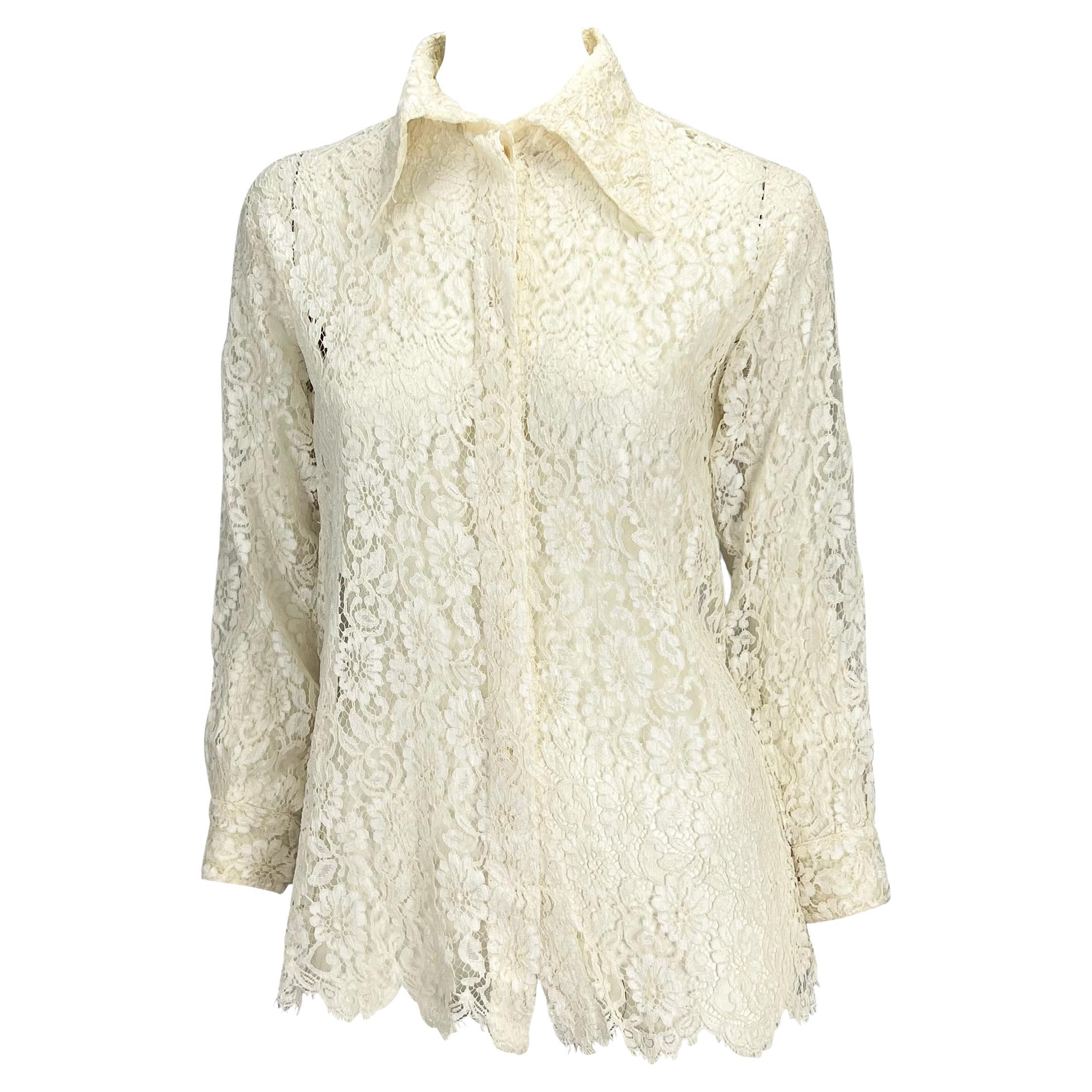 S/S 1994 Gianni Versace Couture Sheer White Lace Button Up Medusa Top For Sale