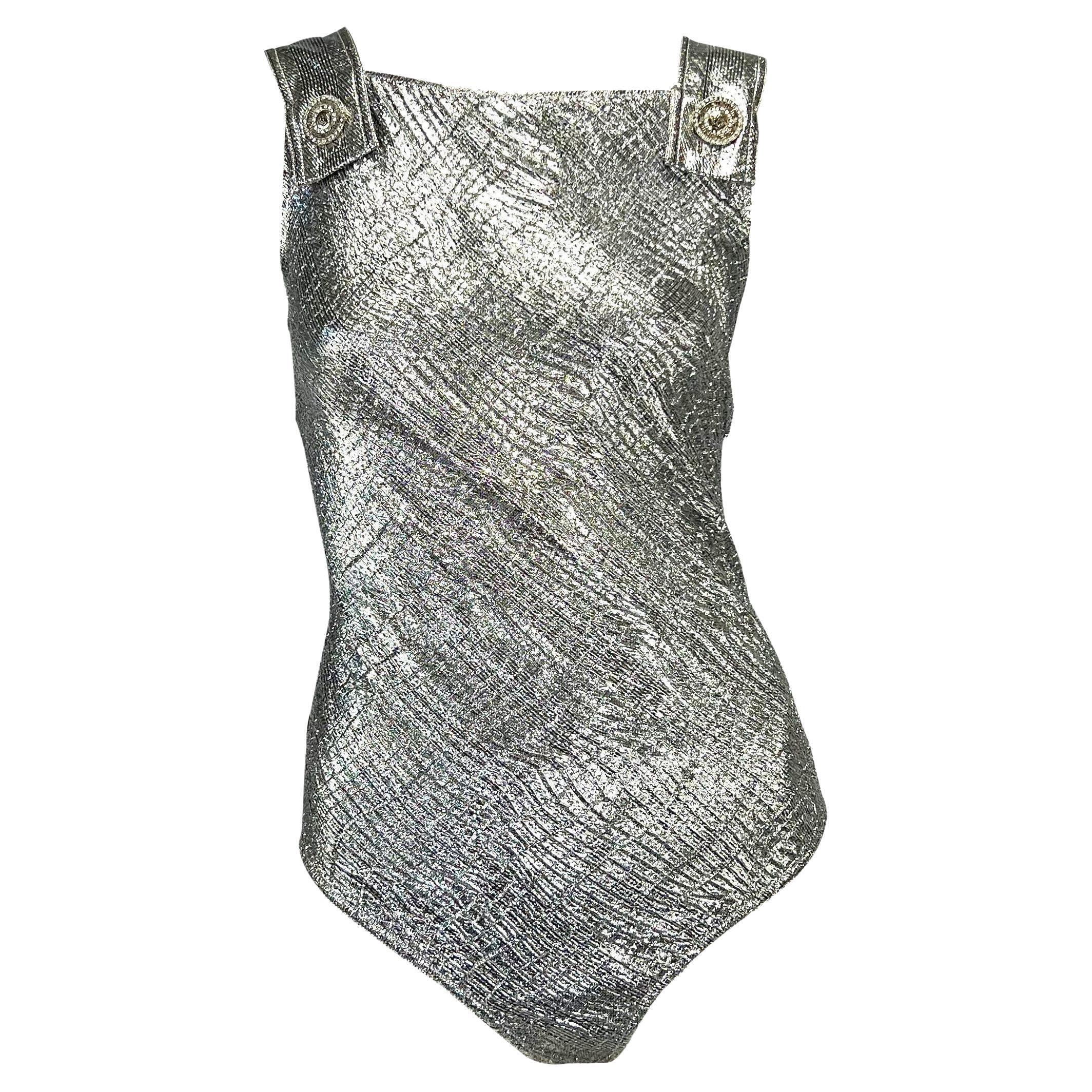 S/S 1994 Gianni Versace Couture Silver Lurex Rhinestone Medusa Bodysuit 