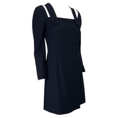 S/S 1994 Gianni Versace Navy Wool Button Up Pinafore Strap Long Sleeve Dress