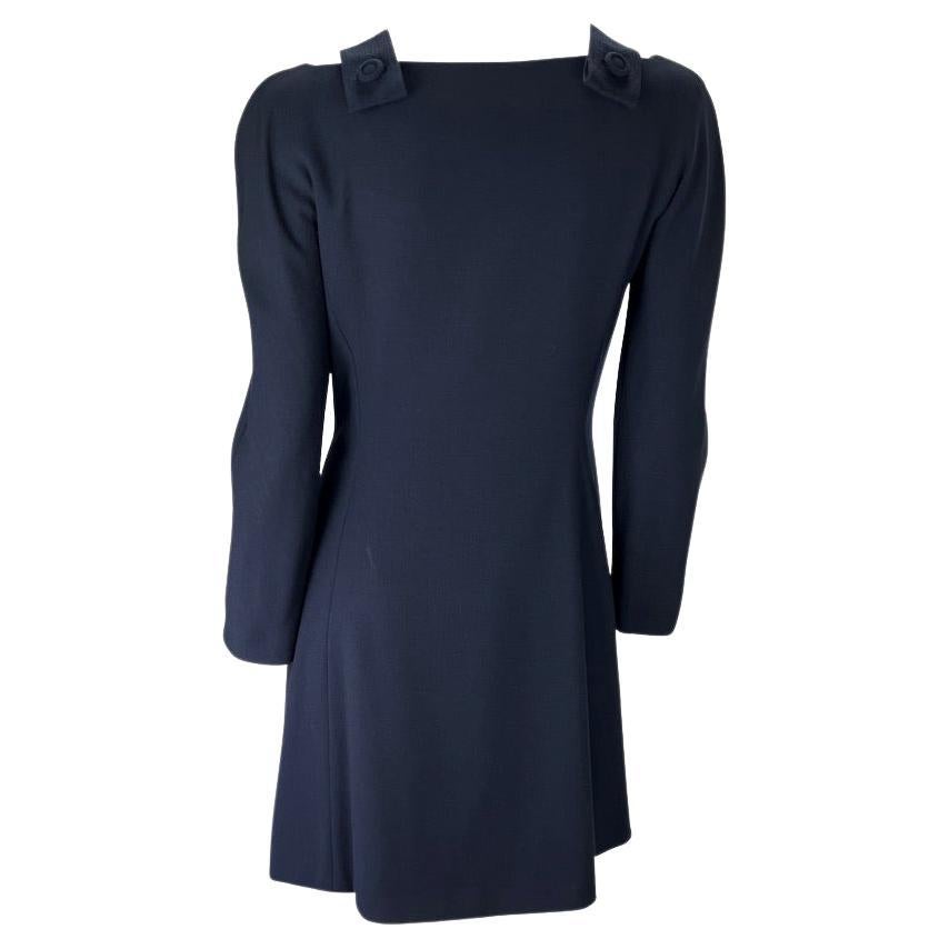 Noir S/S 1994 Gianni Versace Navy Wool Button Up Pinafore Strap Long Sleeve Dress en vente