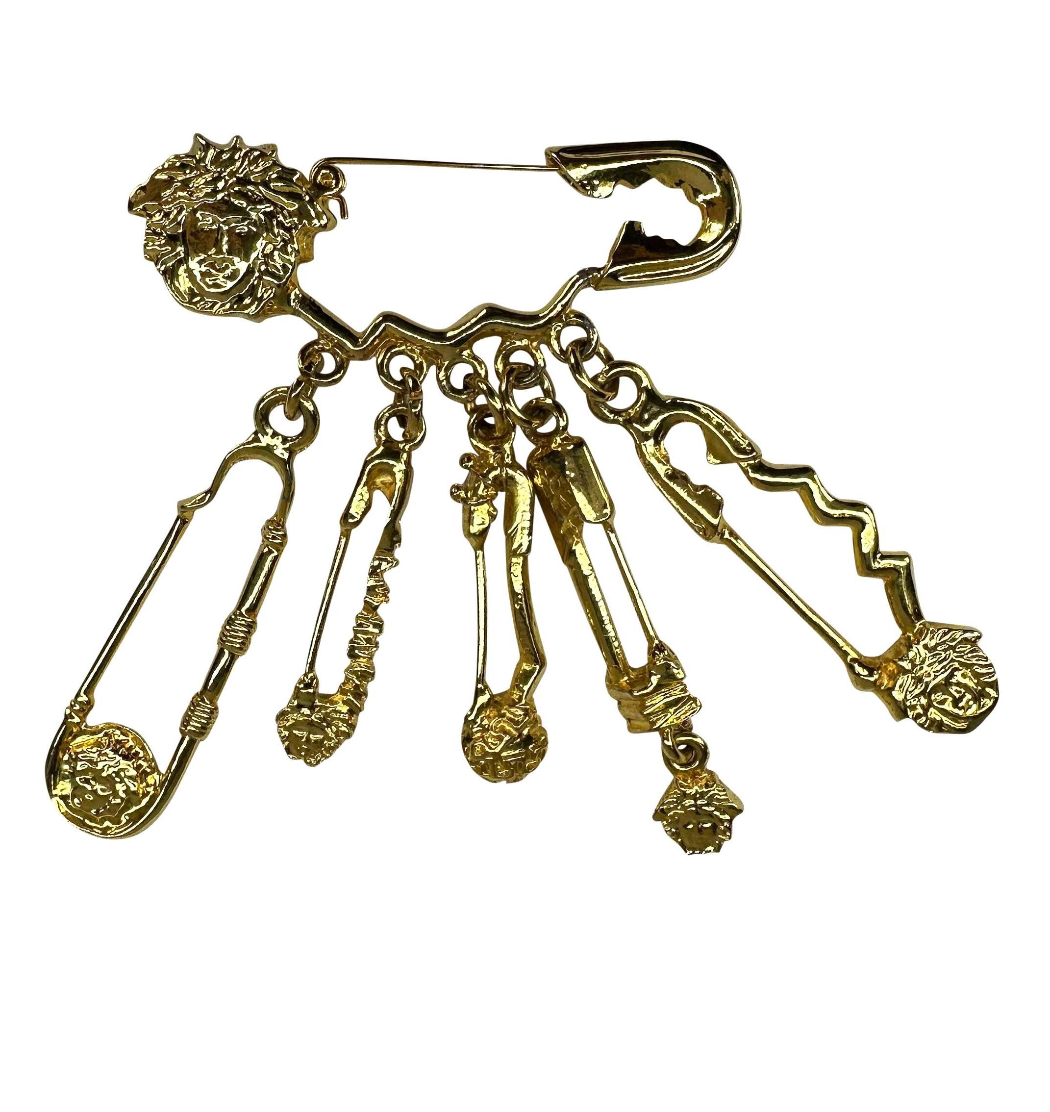 S/S 1994 Gianni Versace Gold Tone Medusa Logo Safety Pin Costume Brooch  For Sale 1