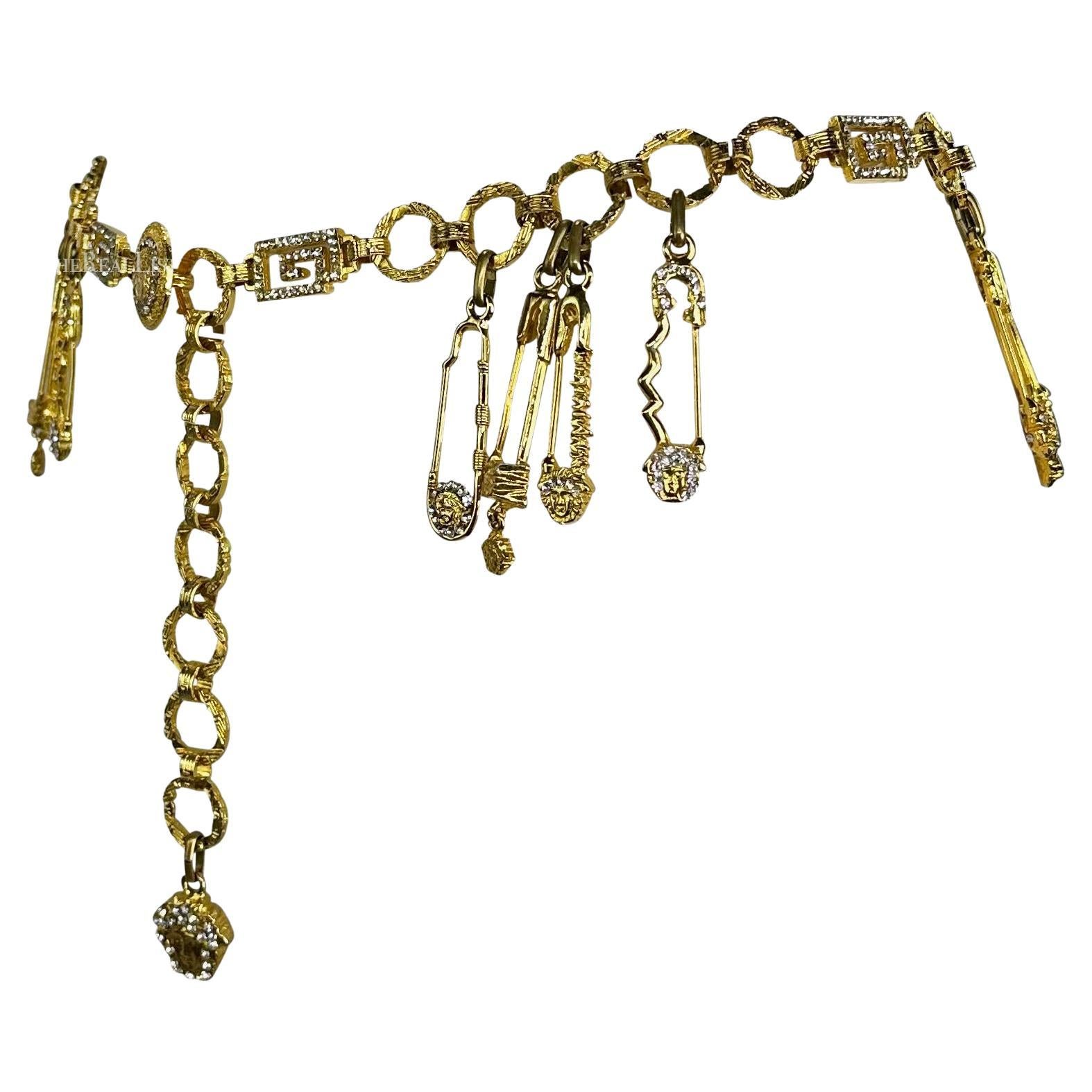 Women's S/S 1994 Gianni Versace Gold Tone Rhinestone Safety Pin Medusa Chain Belt  For Sale