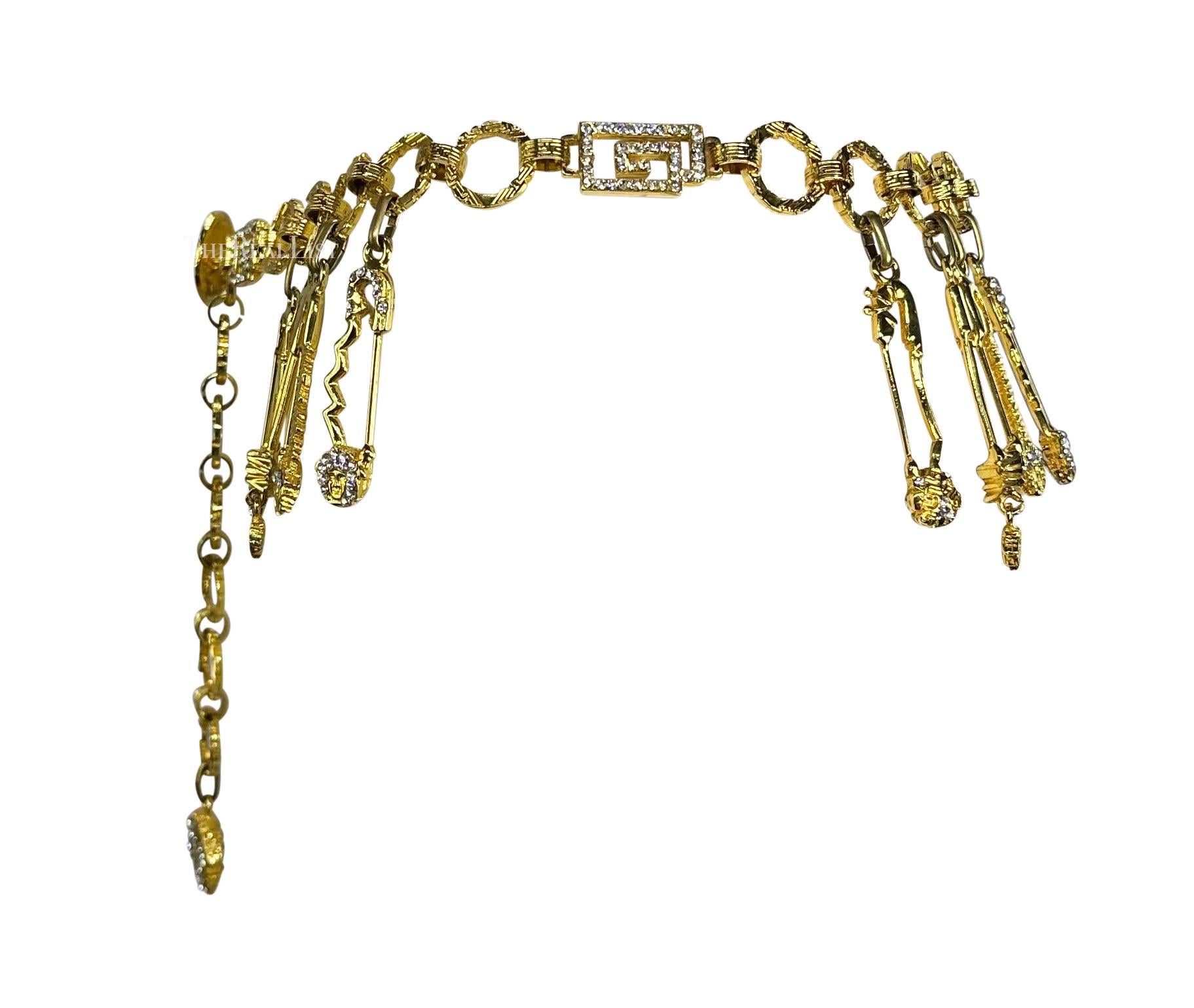 S/S 1994 Gianni Versace Gold Tone Rhinestone Safety Pin Medusa Chain Belt  For Sale 1