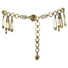 Vintage S/S 1994 Gianni Versace Gold Tone Rhinestone Safety Pin Medusa Chain Belt 