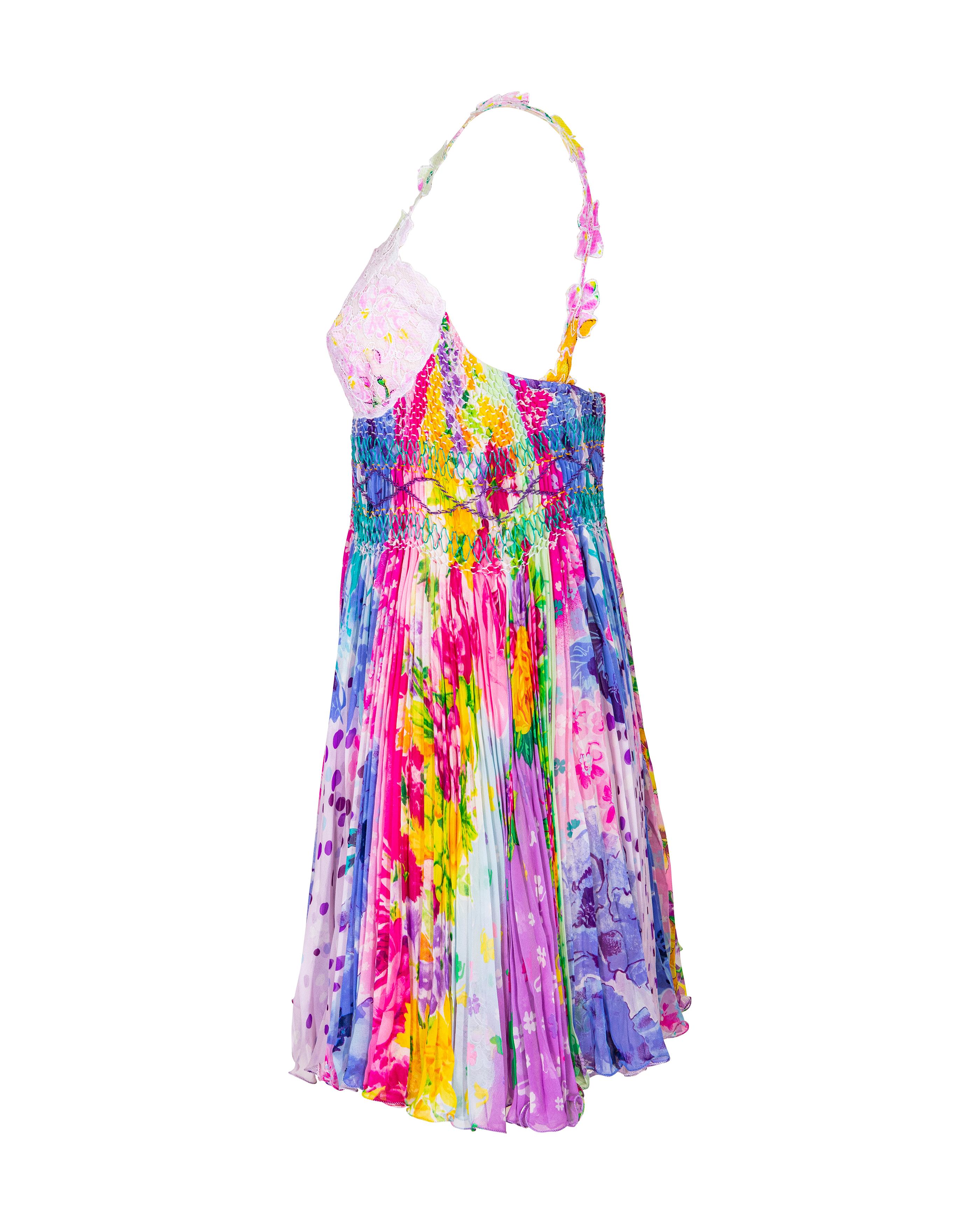 S/S 1994 Gianni Versace Multicolor Floral Pleated Honeycomb Mini Dress In Excellent Condition In North Hollywood, CA