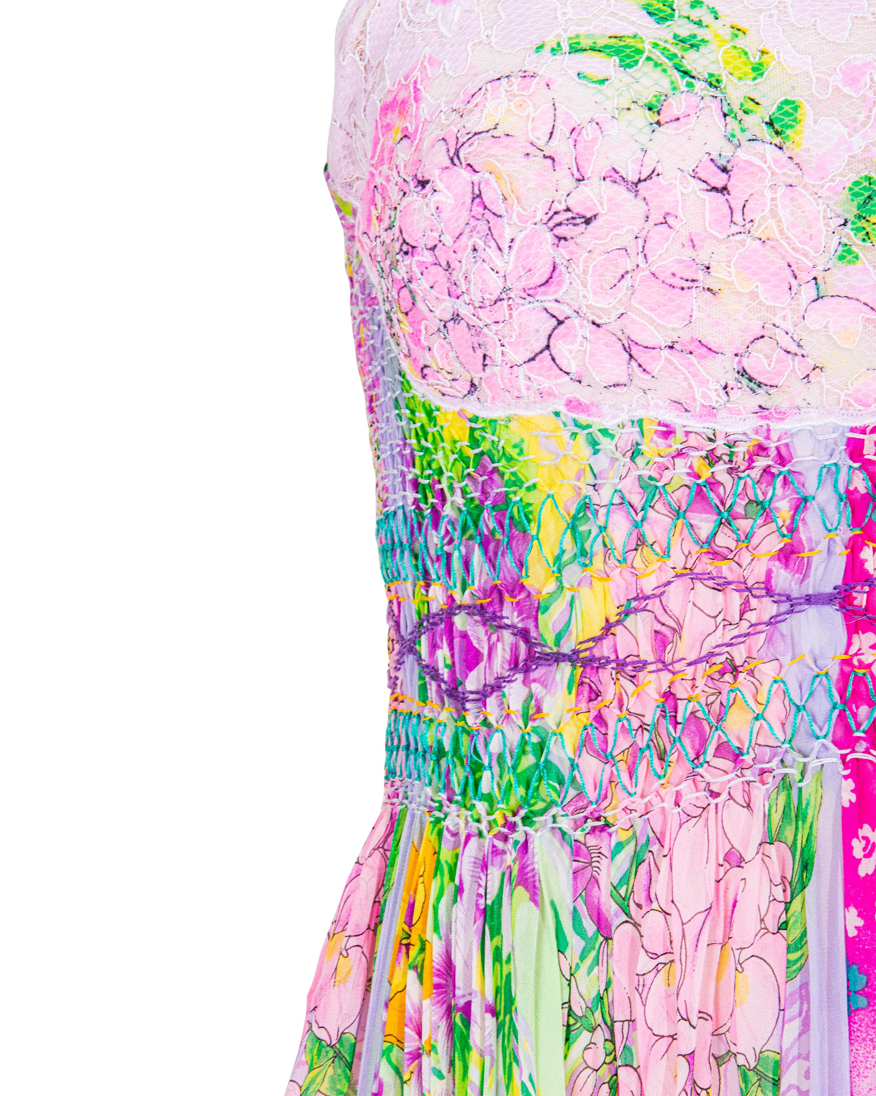 S/S 1994 Gianni Versace Multicolor Floral Pleated Honeycomb Mini Dress 1