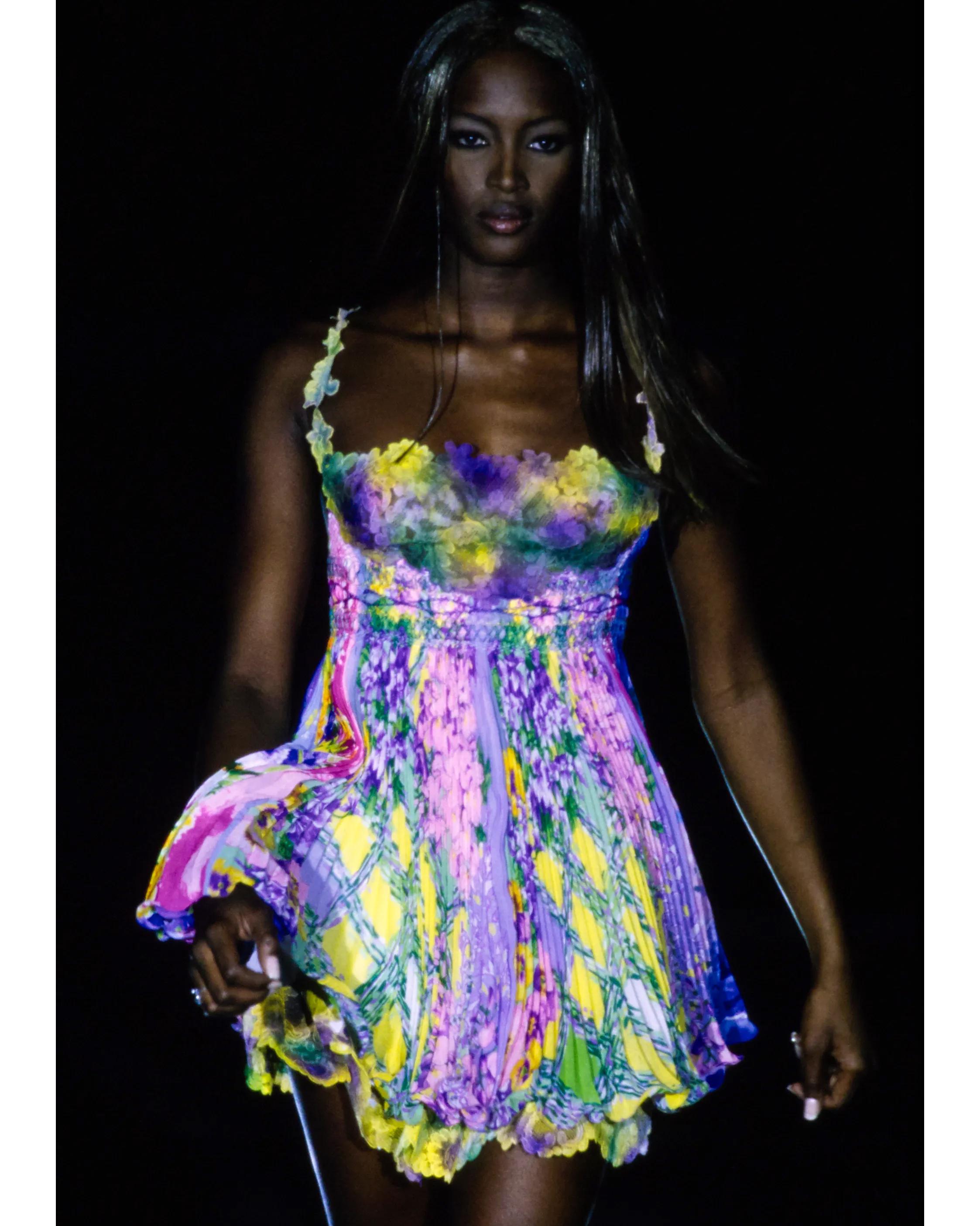 S/S 1994 Gianni Versace Multicolor Floral Pleated Honeycomb Mini Dress 4