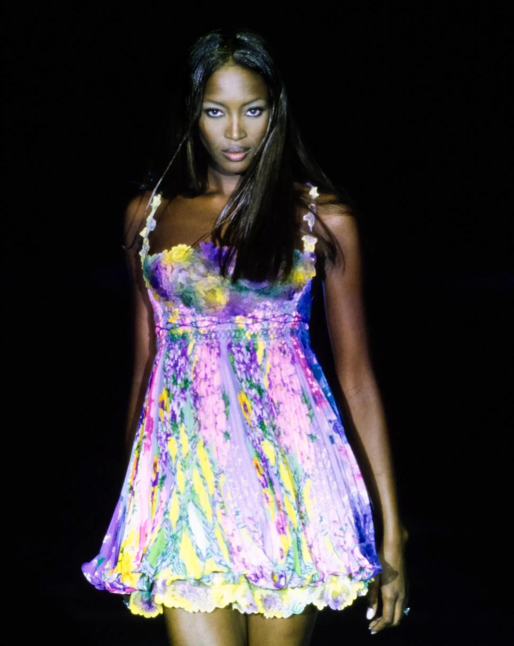 S/S 1994 Gianni Versace Multicolor Floral Pleated Honeycomb Mini Dress 5