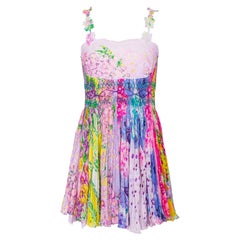 S/S 1994 Gianni Versace Multicolor Floral Pleated Honeycomb Mini Dress
