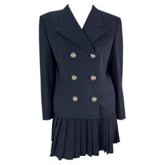 S/S 1994 Gianni Versace Navy Pleated Mini Skirt Medusa Double-Breasted Suit
