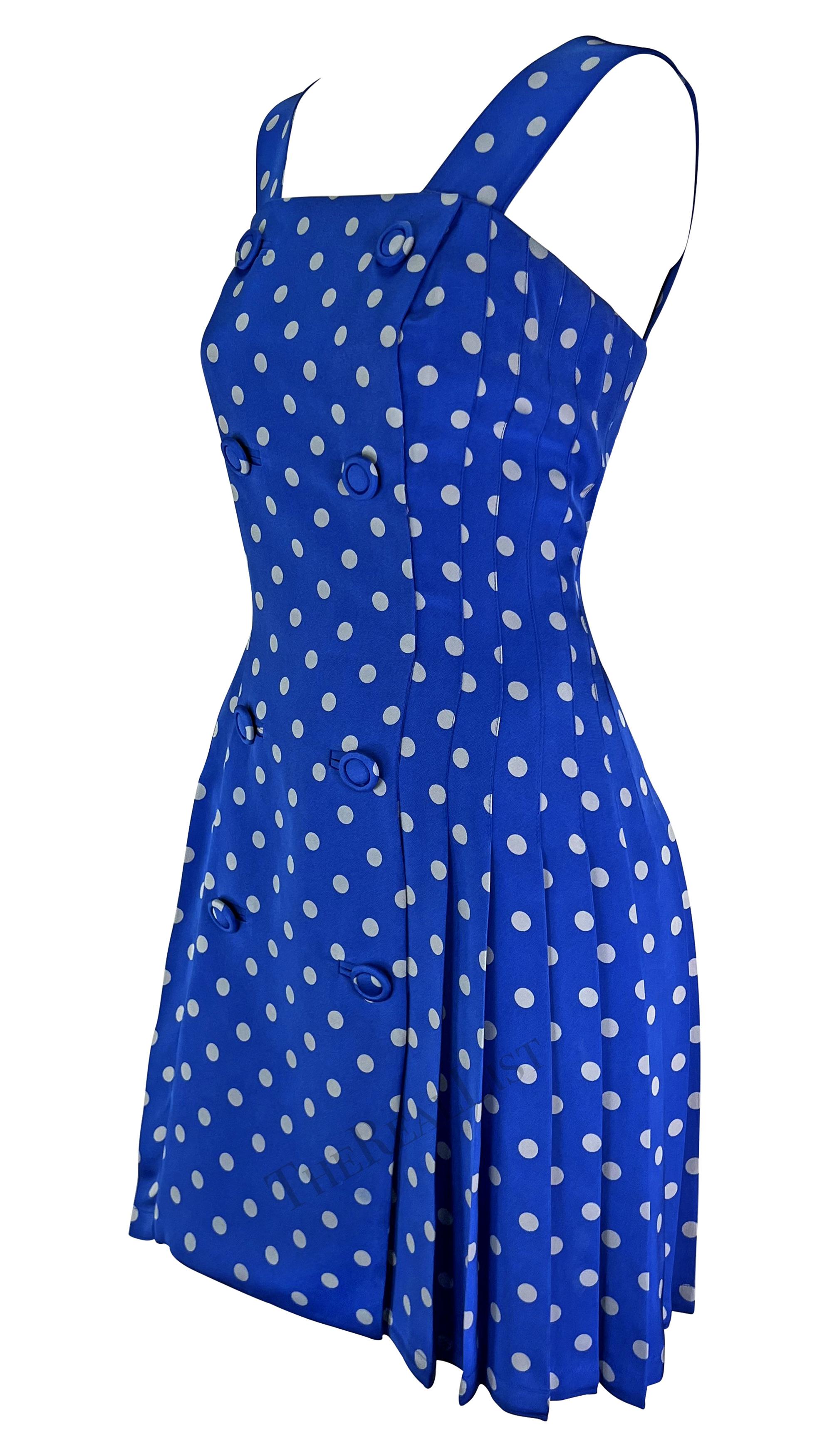 S/S 1994 Gianni Versace Runway Blue Polka Dot Pleated Double Breasted Dress In Excellent Condition For Sale In West Hollywood, CA