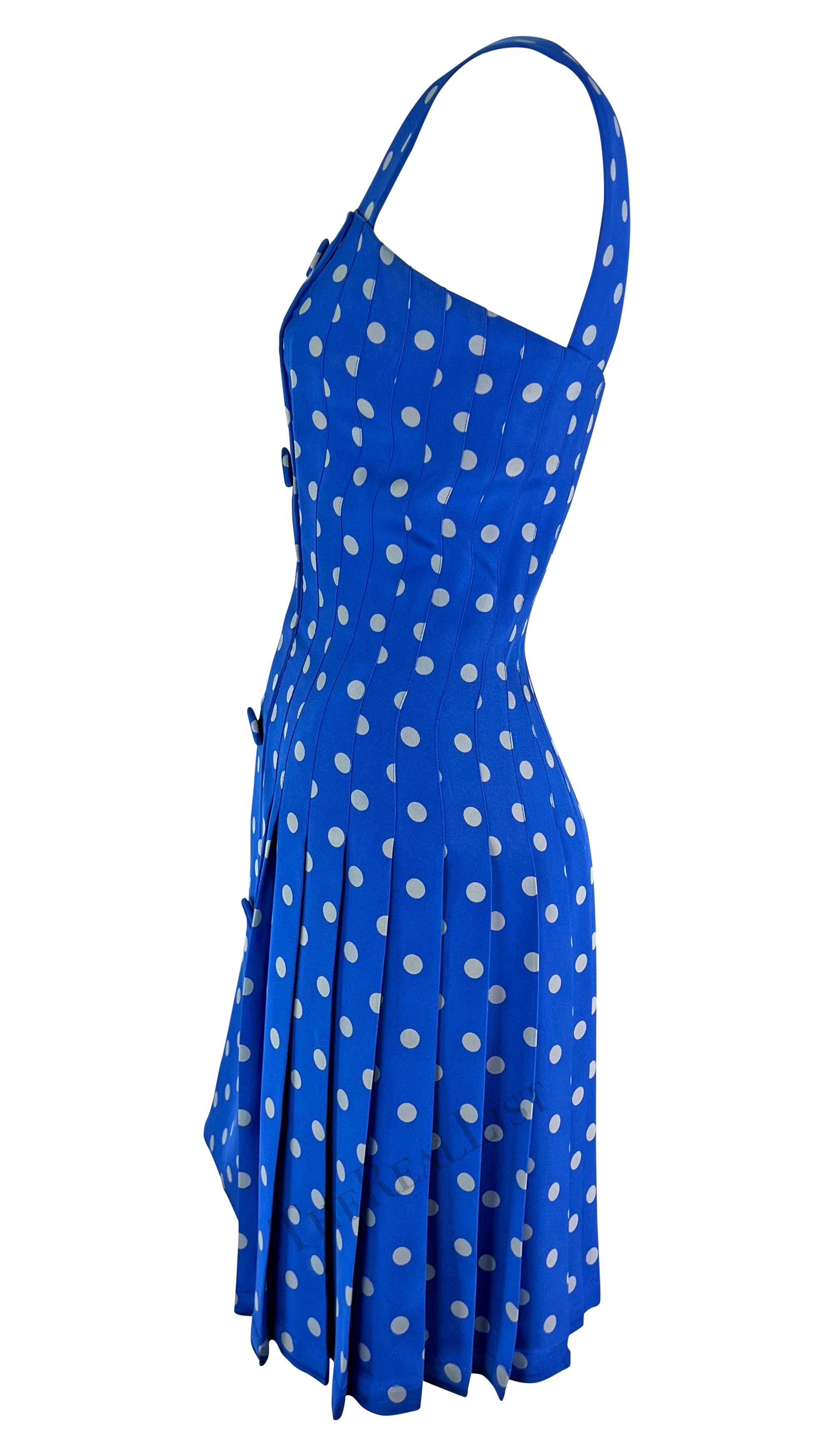 Women's S/S 1994 Gianni Versace Runway Blue Polka Dot Pleated Double Breasted Dress For Sale