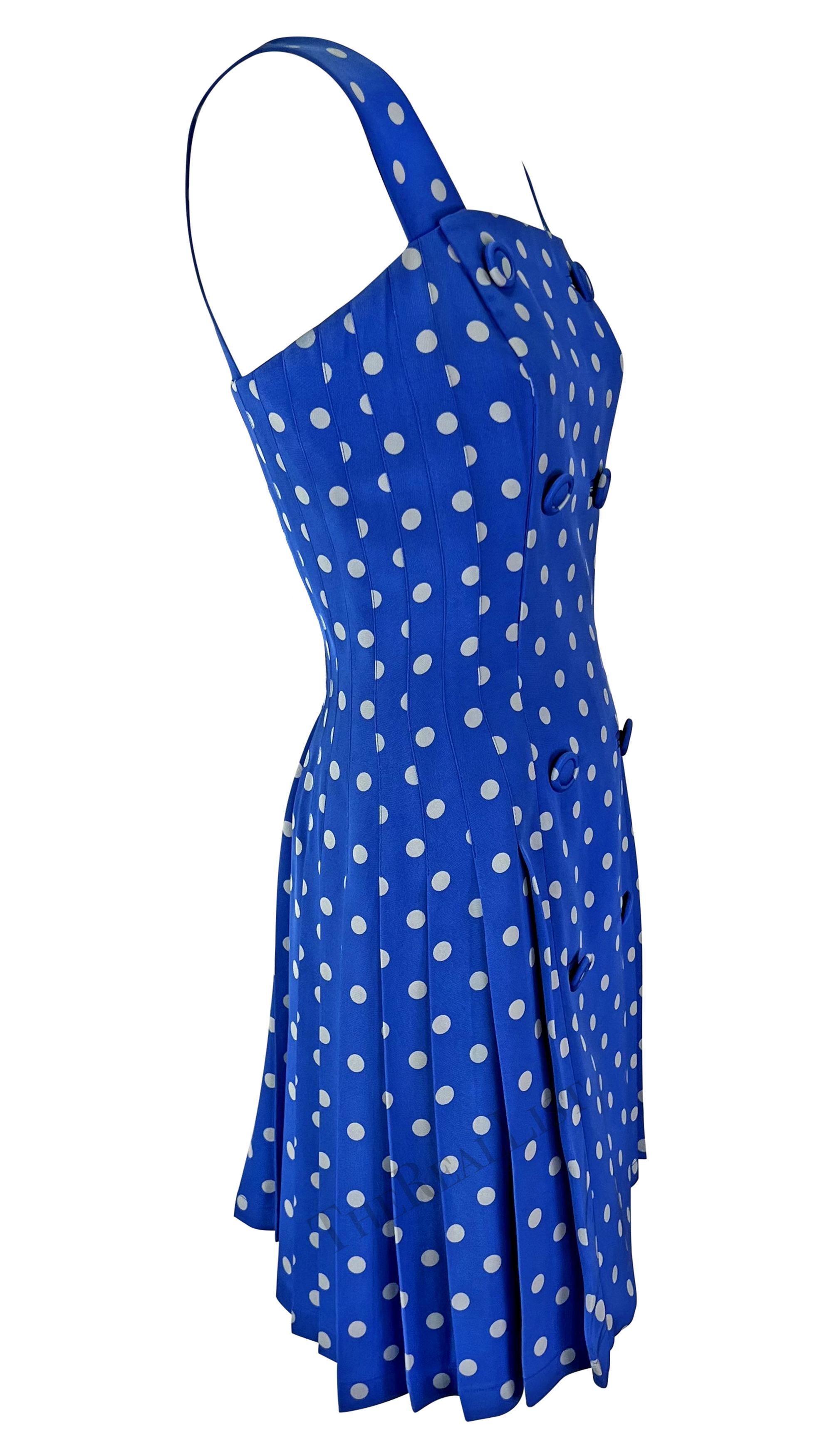 S/S 1994 Gianni Versace Runway Blue Polka Dot Pleated Double Breasted Dress For Sale 2