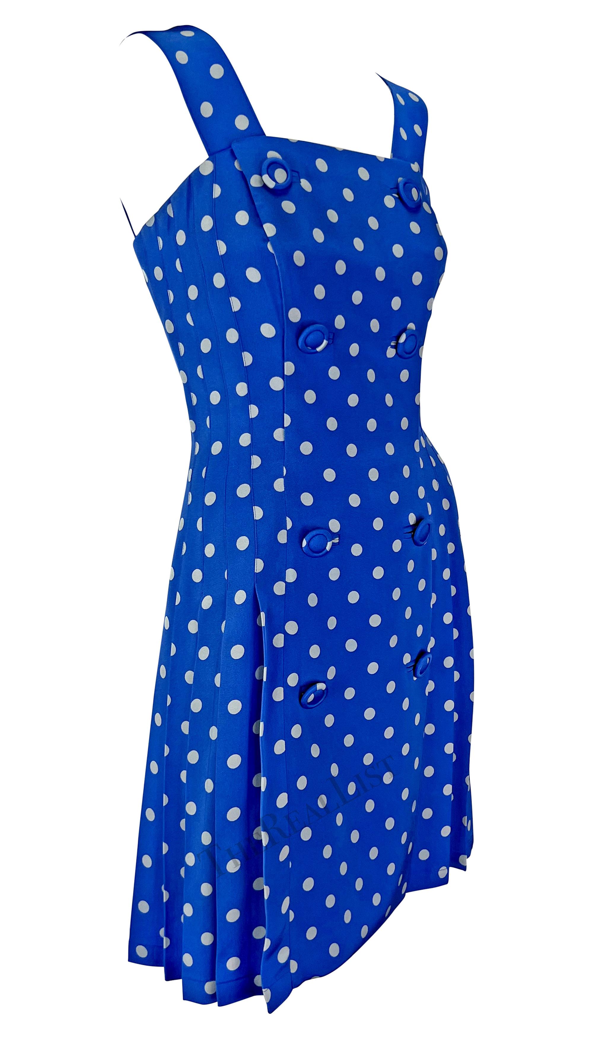 S/S 1994 Gianni Versace Runway Blue Polka Dot Pleated Double Breasted Dress For Sale 3