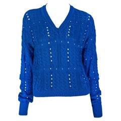 Vintage S/S 1994 Gianni Versace Runway Bright Blue V-Neck Cable-Knit Sweater Top