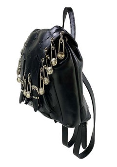 S/S 1994 Gianni Versace Safety Pin Cut Out Black Leather Mini Runway Backpack