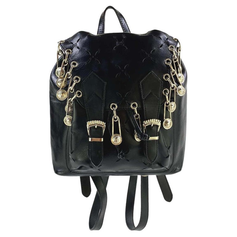 S/S 1994 Gianni Versace Safety Pin Cut Out Black Leather Mini Runway  Backpack For Sale at 1stDibs