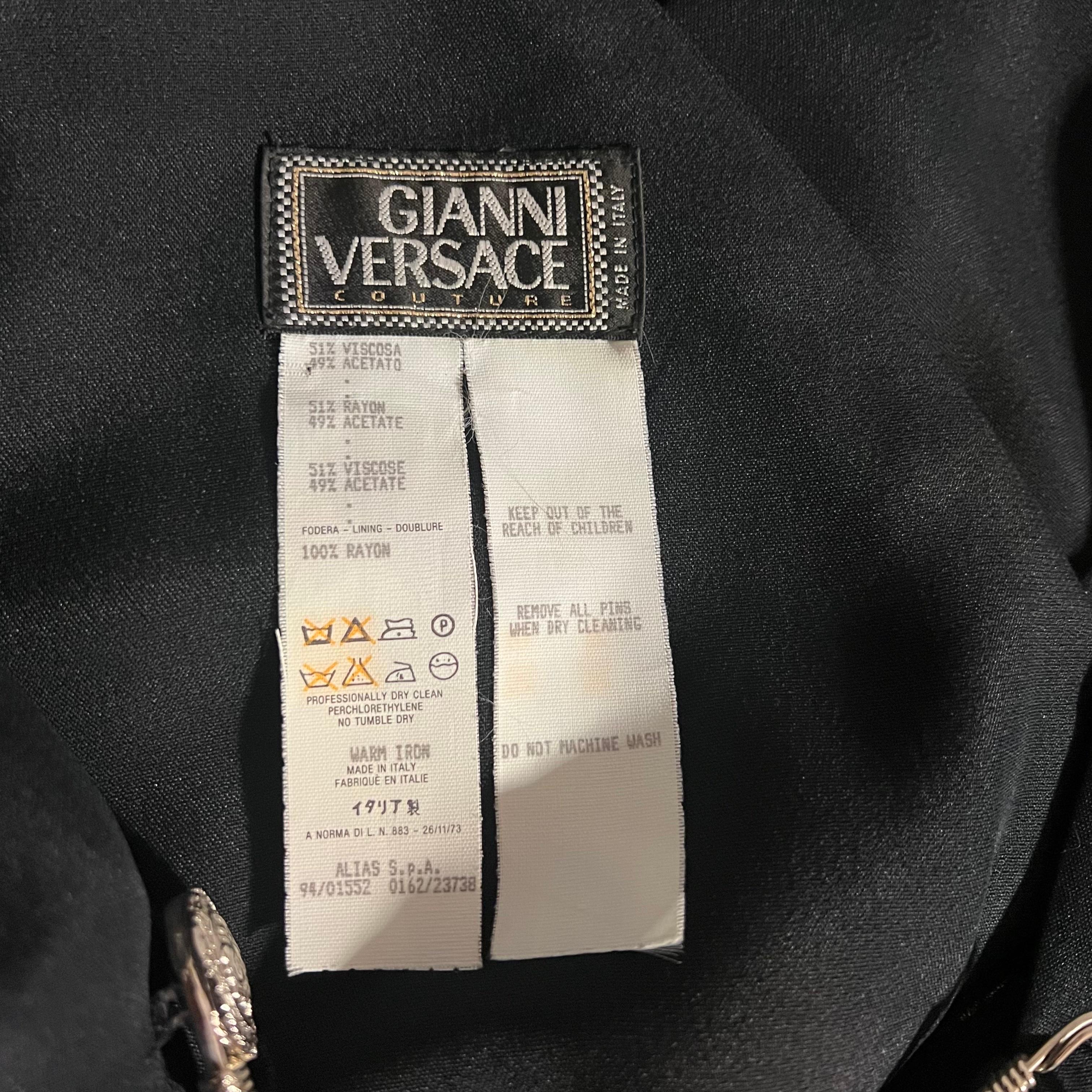 S/S 1994 Gianni Versace Safety Pin Medusa Embellished Black Mini Dress For Sale 6