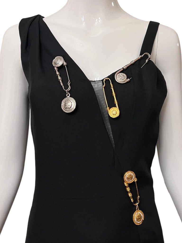 S/S 1994 Gianni Versace Safety Pin Medusa Embellished Black Mini Dress at  1stDibs | versace safety pin dress