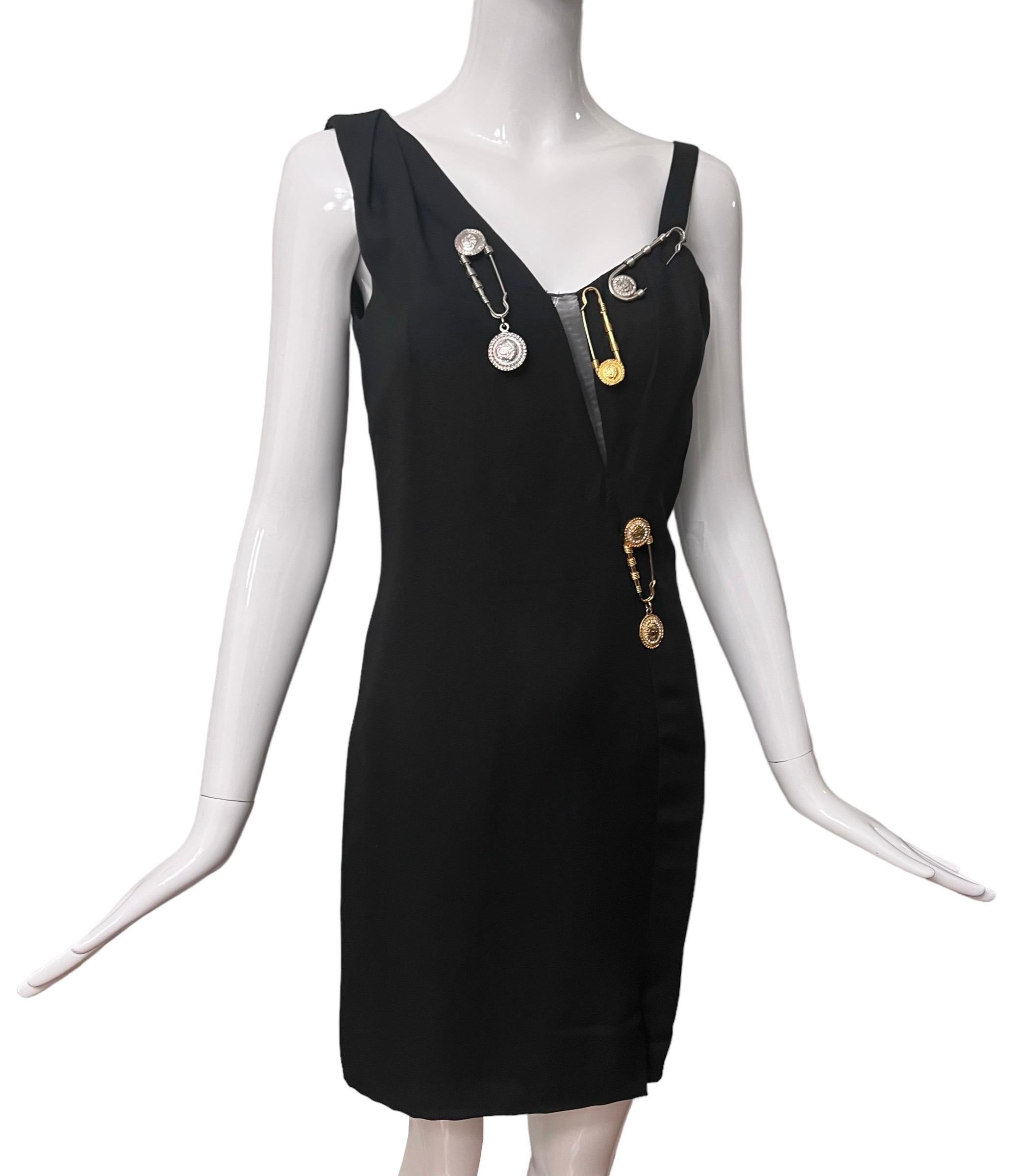 Women's S/S 1994 Gianni Versace Safety Pin Medusa Embellished Black Mini Dress For Sale