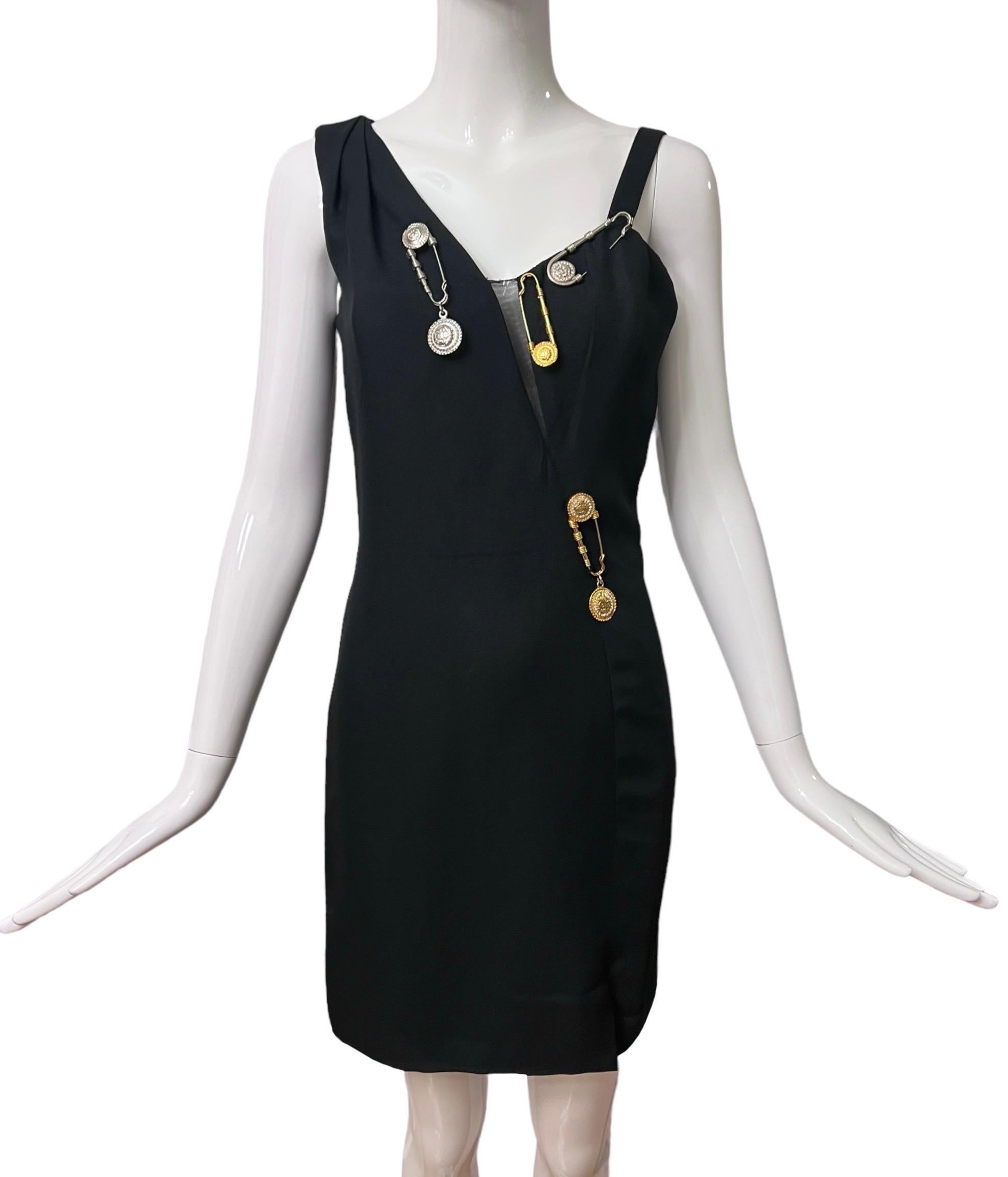 Women's S/S 1994 Gianni Versace Safety Pin Medusa Embellished Black Mini Dress For Sale