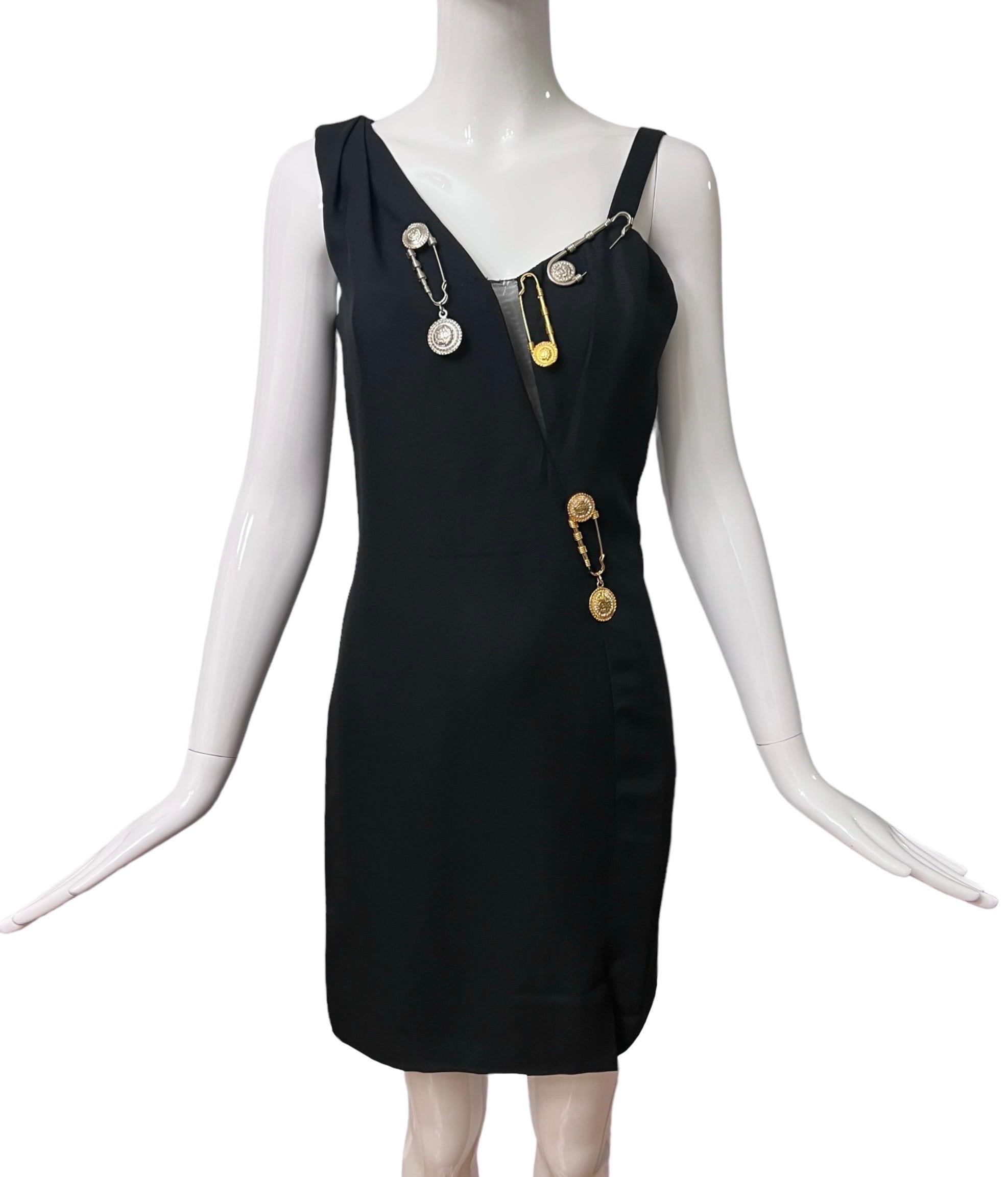 S/S 1994 Gianni Versace Safety Pin Medusa Embellished Black Mini Dress For Sale 1