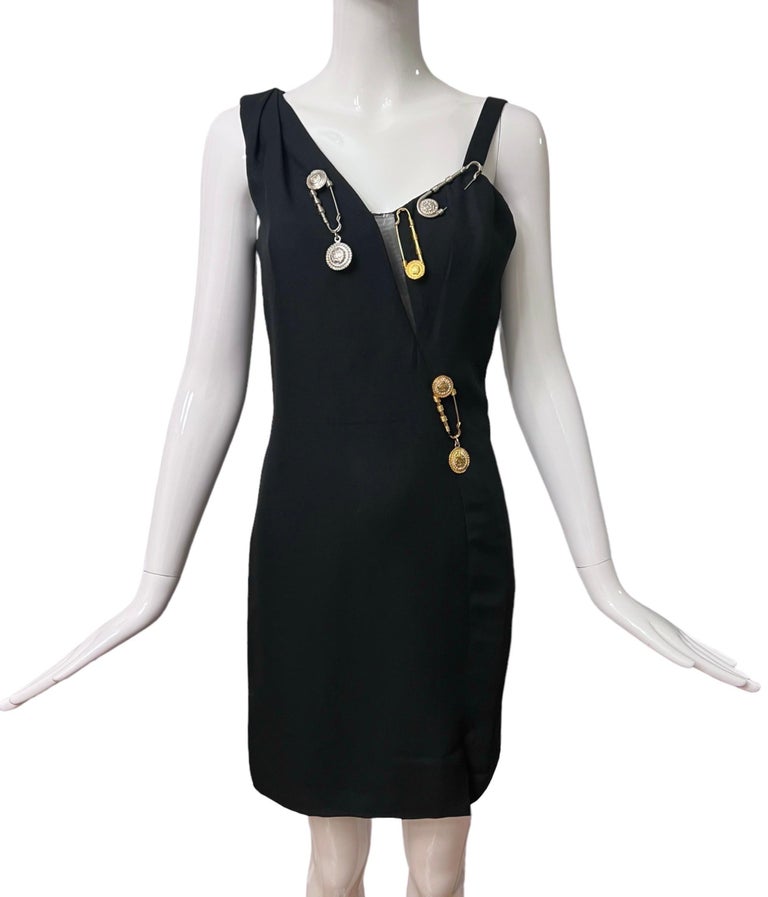 S/S 1994 Gianni Versace Safety Pin Medusa Embellished Black Mini Dress at  1stDibs | versace safety pin dress