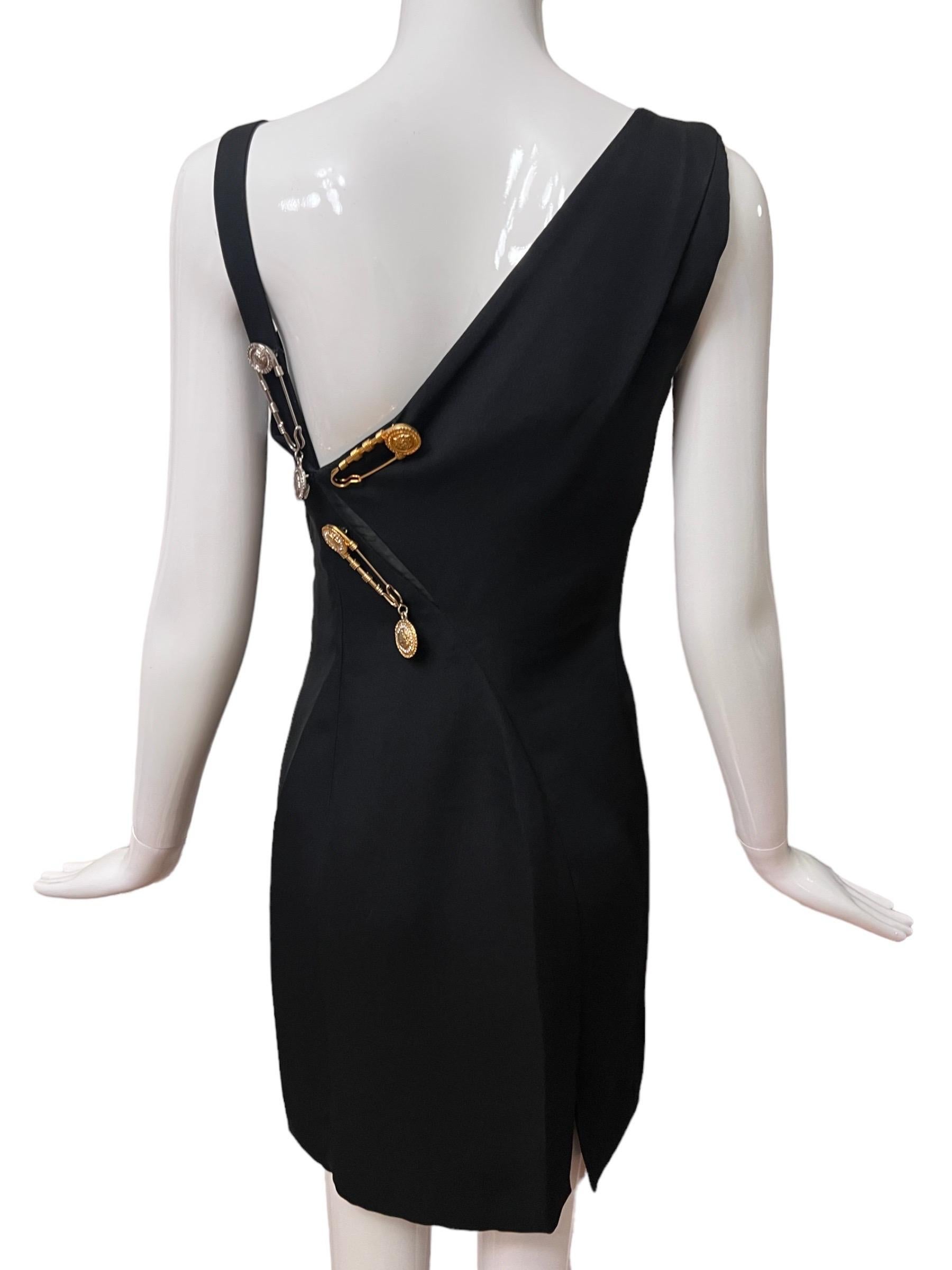 S/S 1994 Gianni Versace Safety Pin Medusa Embellished Black Mini Dress For Sale 1