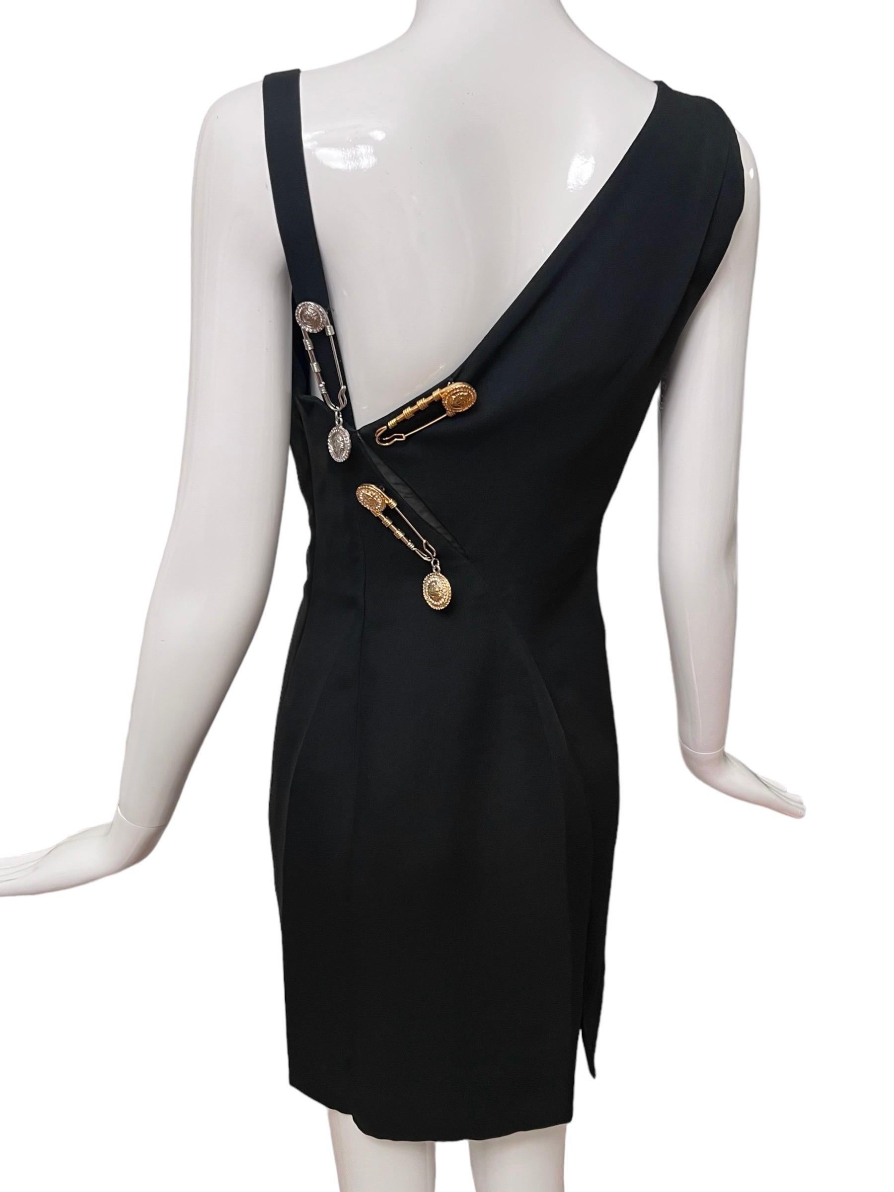 S/S 1994 Gianni Versace Safety Pin Medusa Embellished Black Mini Dress For Sale 3