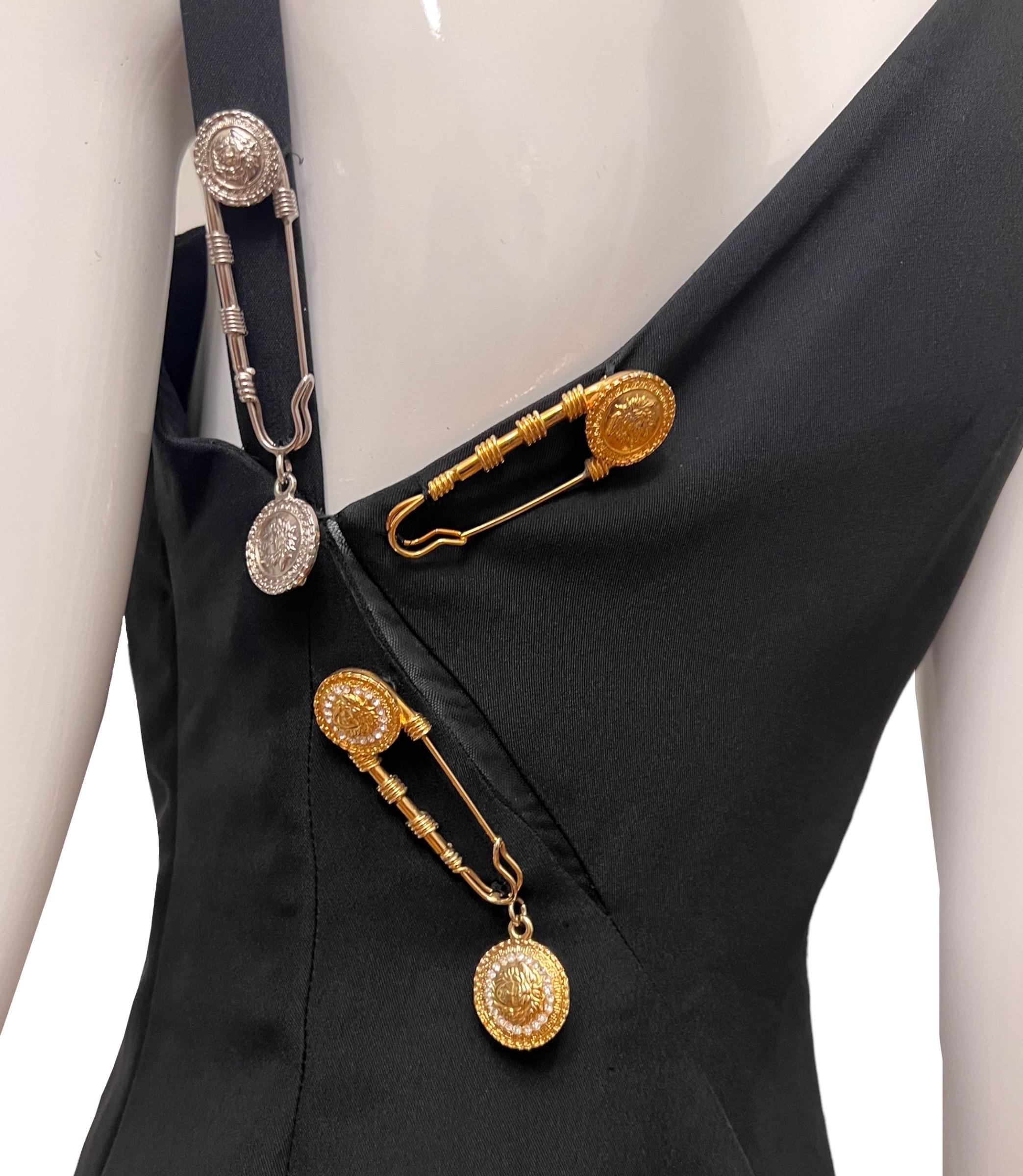 S/S 1994 Gianni Versace Safety Pin Medusa Embellished Black Mini Dress For Sale 3
