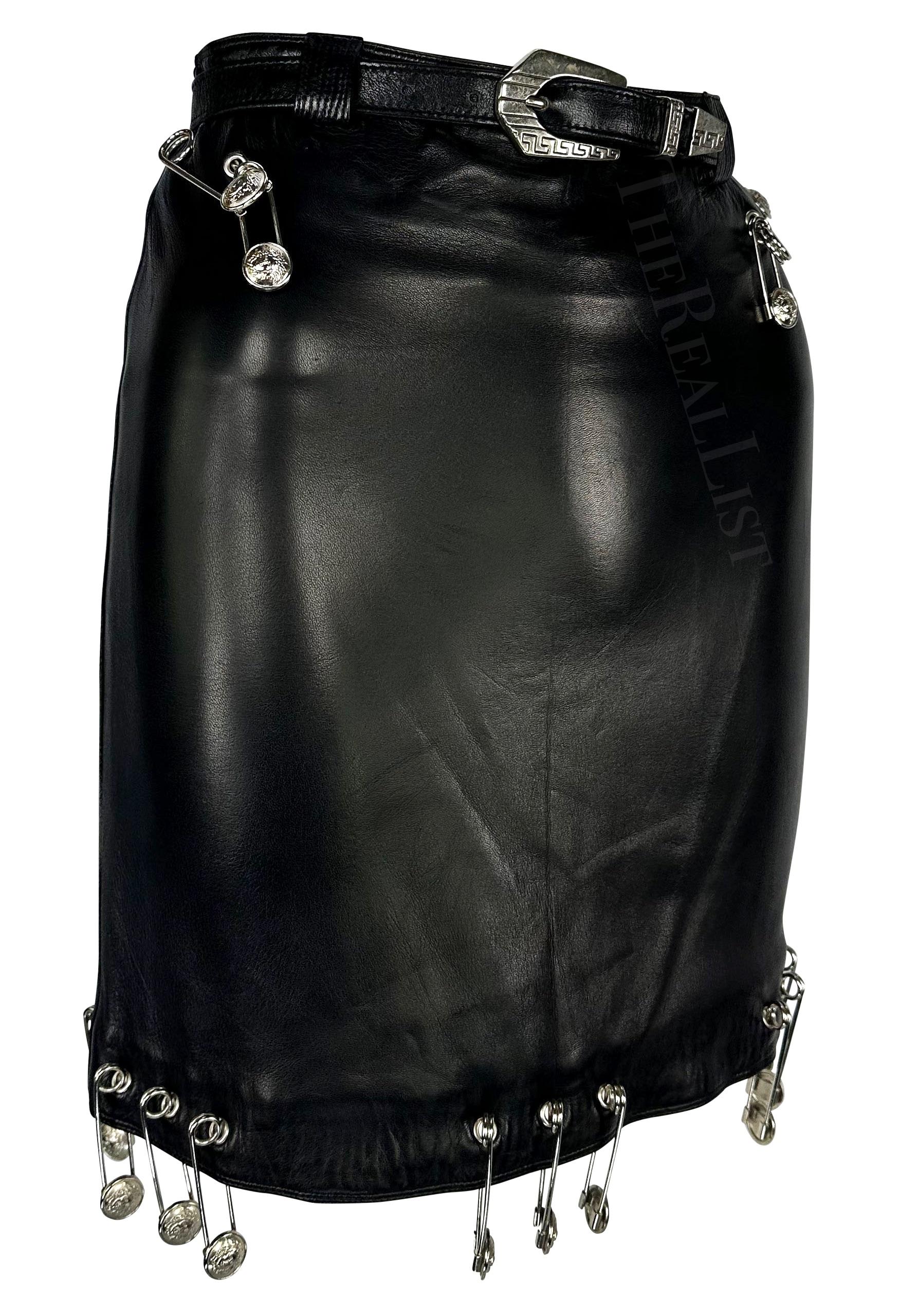 S/S 1994 Gianni Versace Safety Pin Medusa Pierced Black Leather Belted Skirt For Sale 8